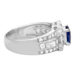 Rachel Koen Oval Blue Sapphire Diamond Halo Cocktail Ring Platinum