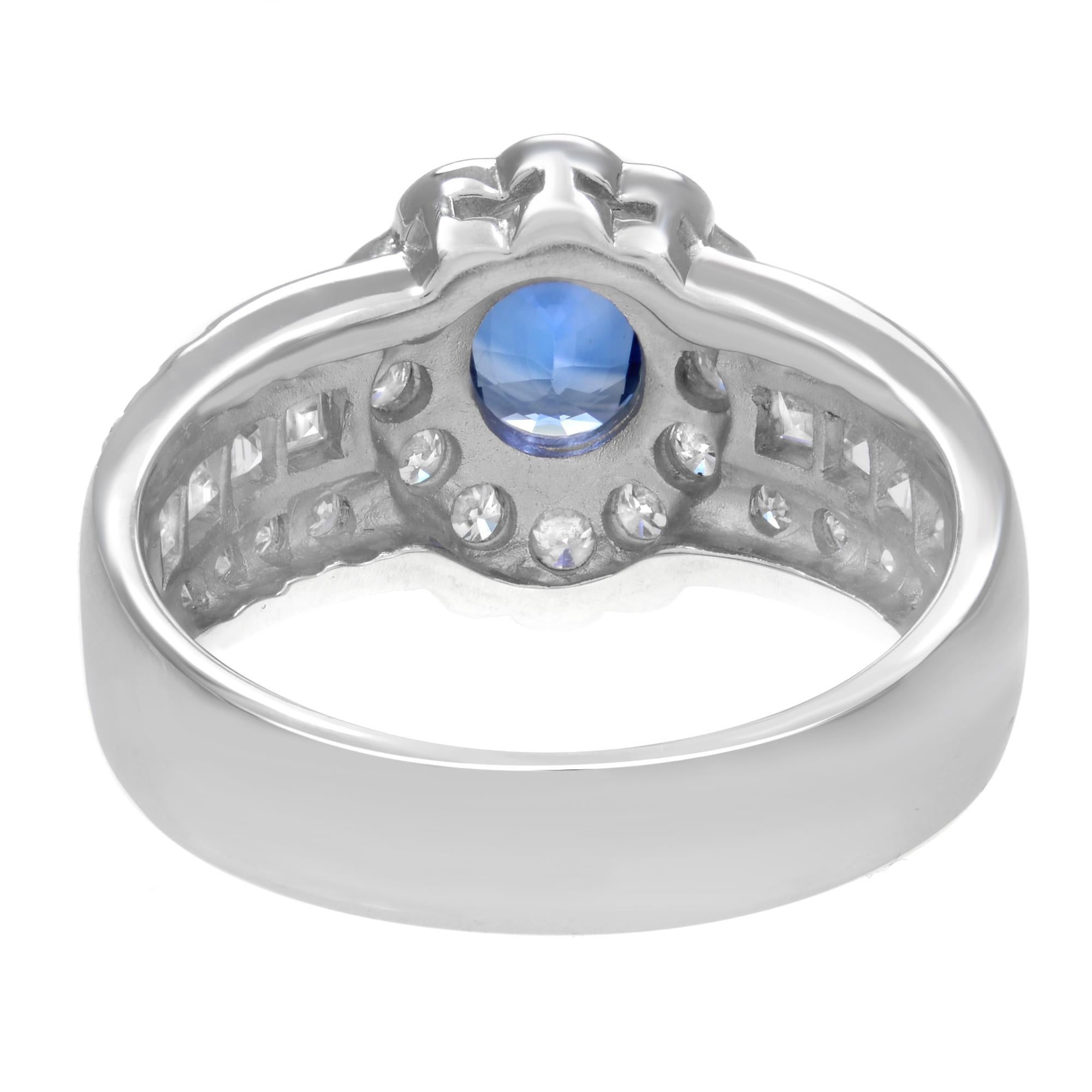 Modern Rachel Koen Oval Blue Sapphire Diamond Halo Cocktail Ring Platinum For Sale