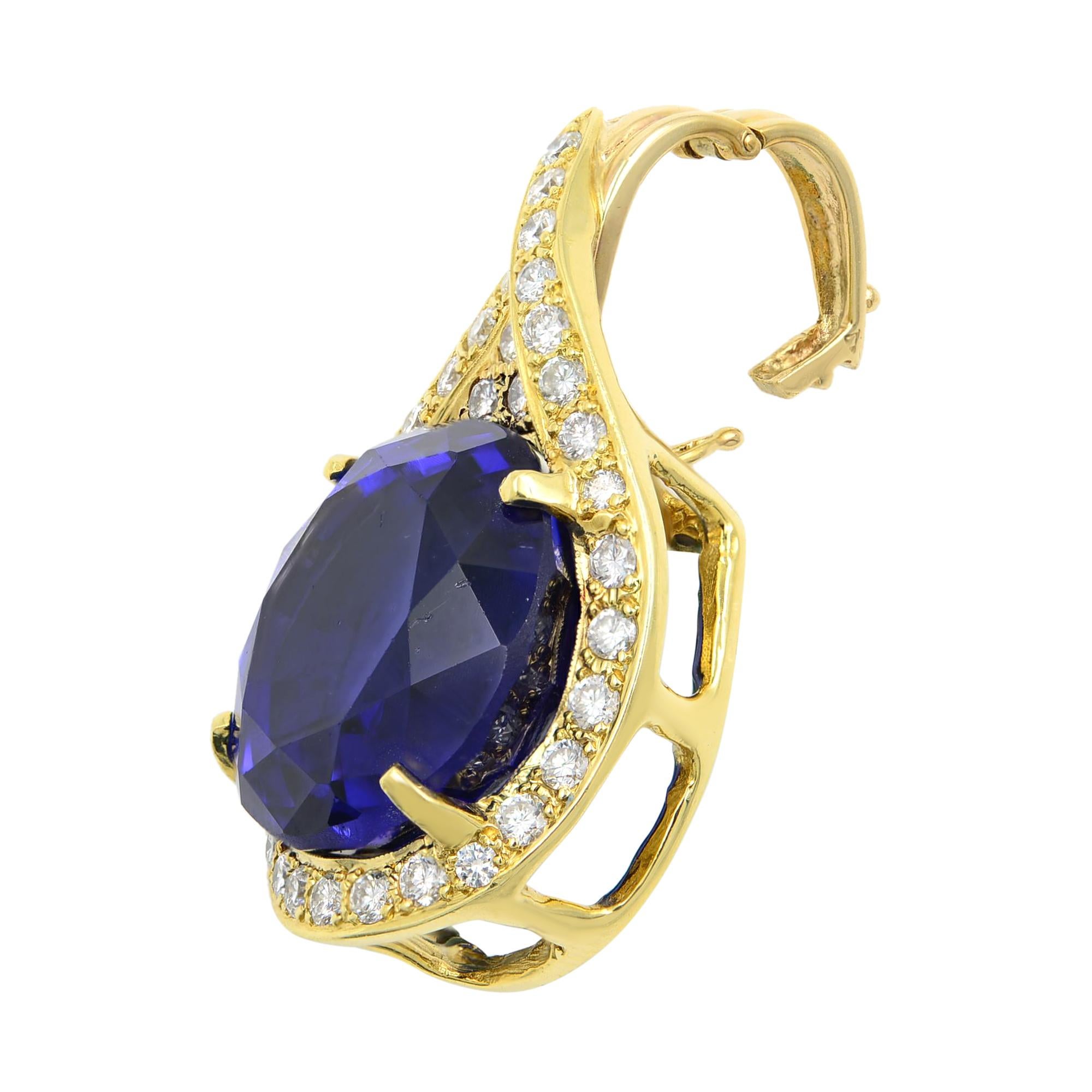 Rachel Koen Oval Tanzanite 27.66ct Diamond 1.75ct Pendant 14K Yellow Gold In Excellent Condition For Sale In New York, NY