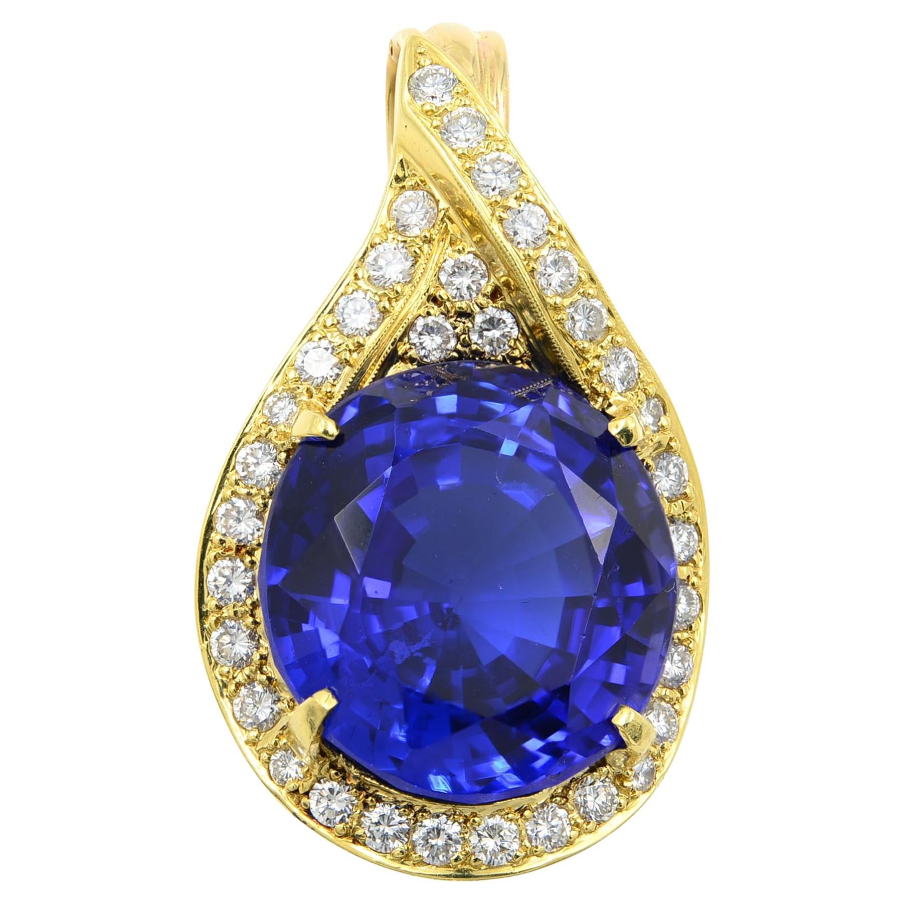 Rachel Koen Oval Tanzanite 27.66ct Diamond 1.75ct Pendant 14K Yellow Gold