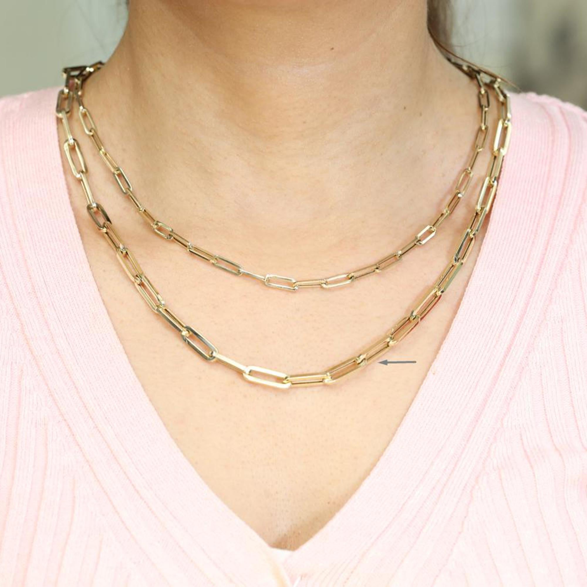 Trendy and lightweight for an everyday look. This paper clip link chain necklace is crafted in 14k yellow gold. Length: 18 inches. Link Size: 16mm x 5.3mm. Weight: 13.2 grams. Closure: Lobster lock. Whether you layer up or wear it solo, you are sure
