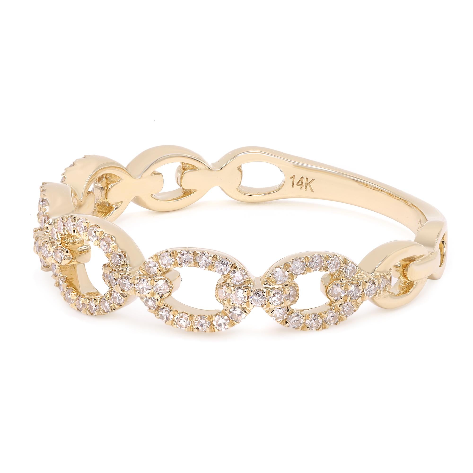 Simple and sophisticated, pave chain link diamond ring. Crafted in bright 14k yellow gold with pave-set round brilliant-cut diamonds in chain link design. This style is stackable and easy to mix and match. Total diamond weight: 0.23ct. Diamond color