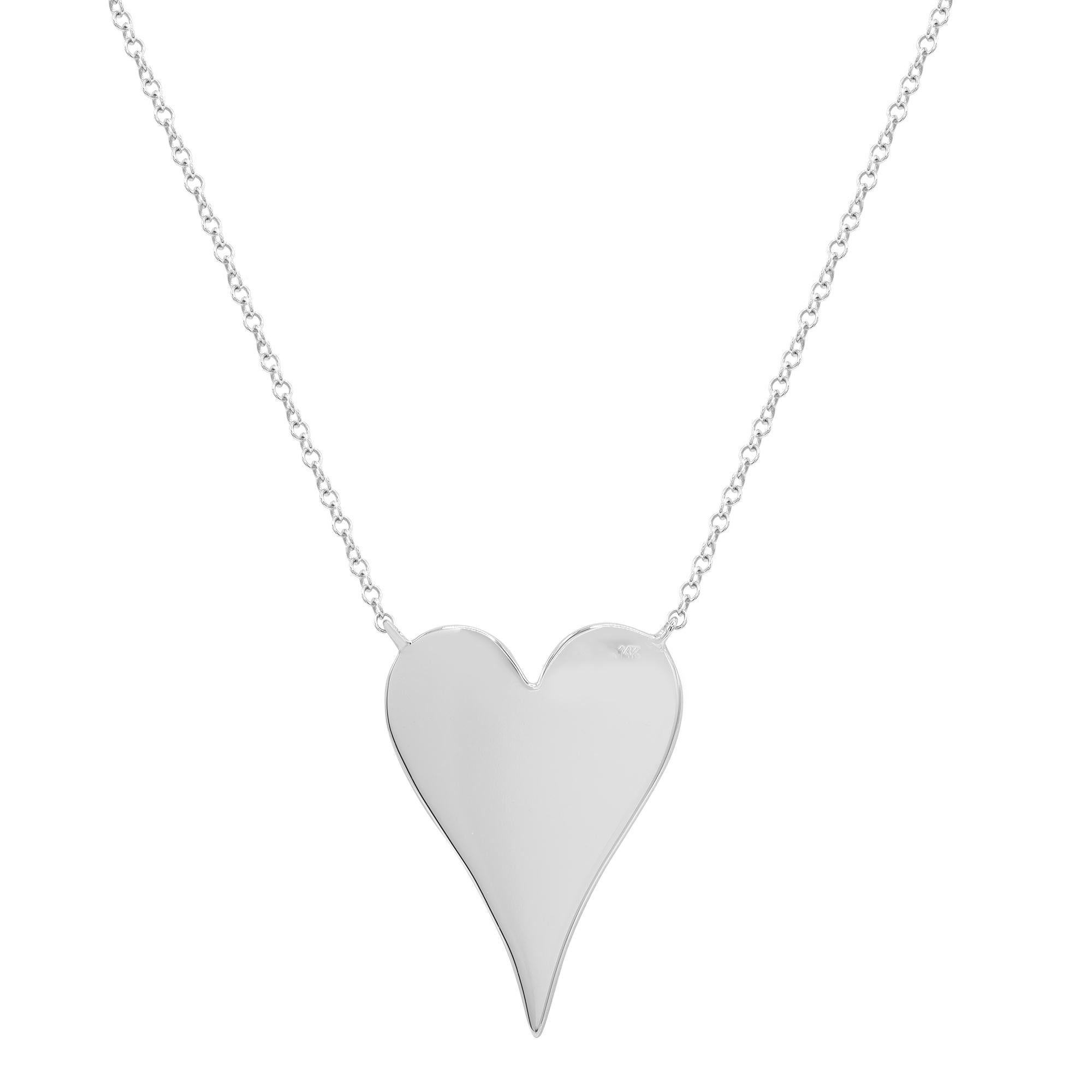 Trendy jewelry with real gold and real diamonds. This beautiful, delicate and precious diamond necklace will leave everyone speechless the moment they see it. Crafted in high polished solid 14k white gold. The heart is set with tiny brilliant round