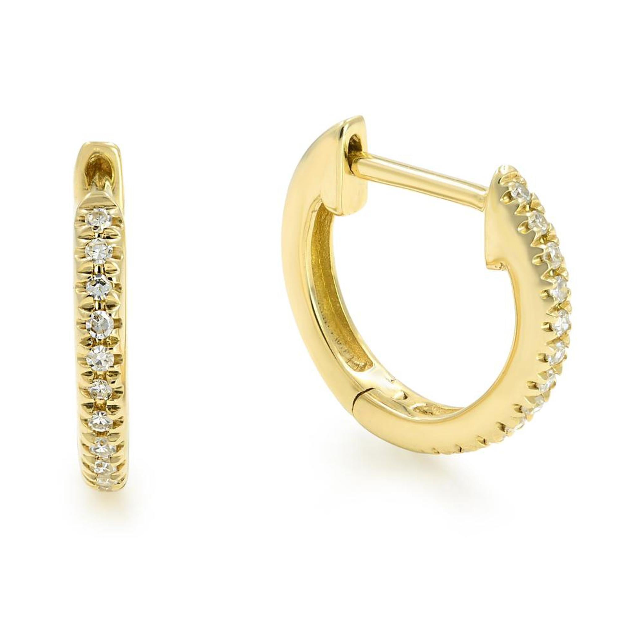 Round Cut Rachel Koen Pave Diamond Huggie Earrings 14K Yellow Gold 0.08Cttw For Sale