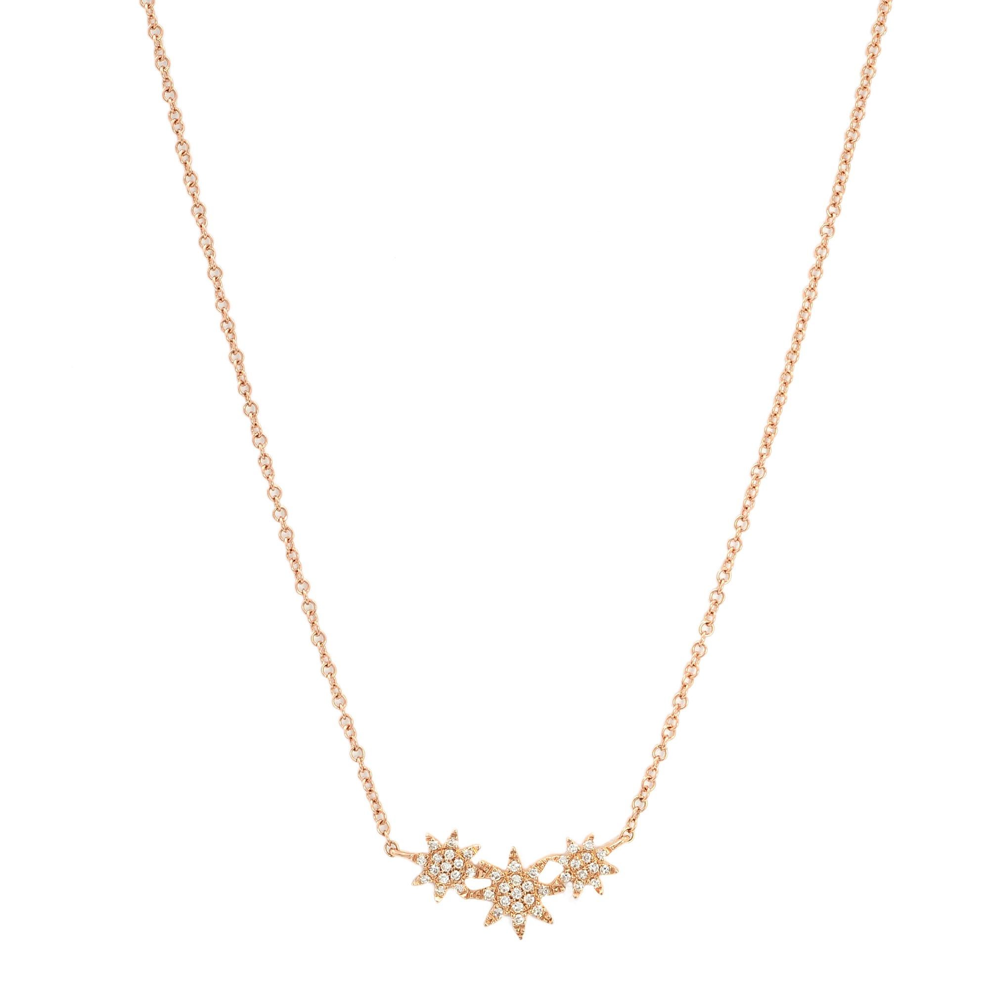Rachel Koen Pave Diamond Mini Stars Necklace 14K Rose Gold 0.09cttw In New Condition For Sale In New York, NY
