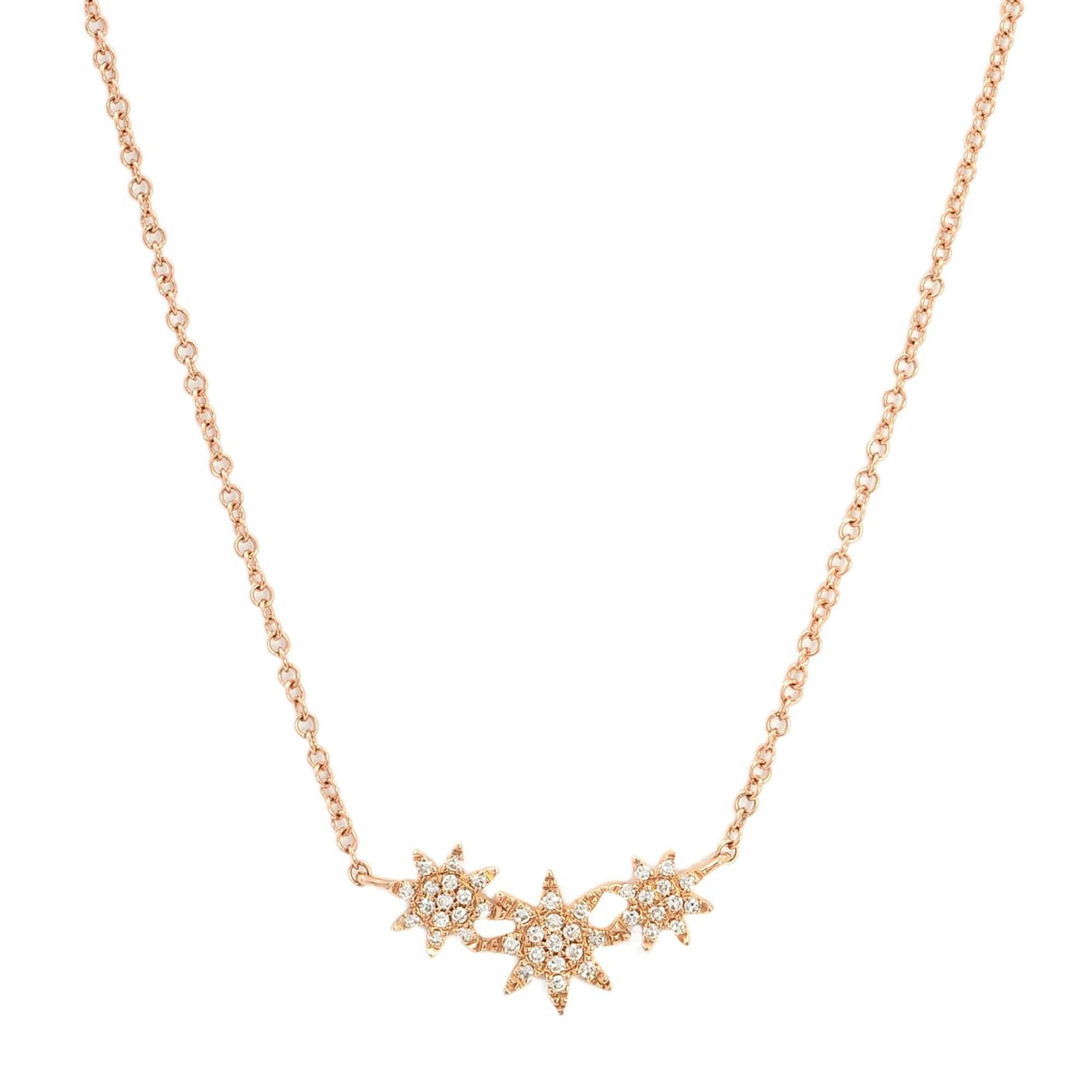 Rachel Koen Pave Diamond Mini Stars Necklace 14K Rose Gold 0.09cttw For Sale