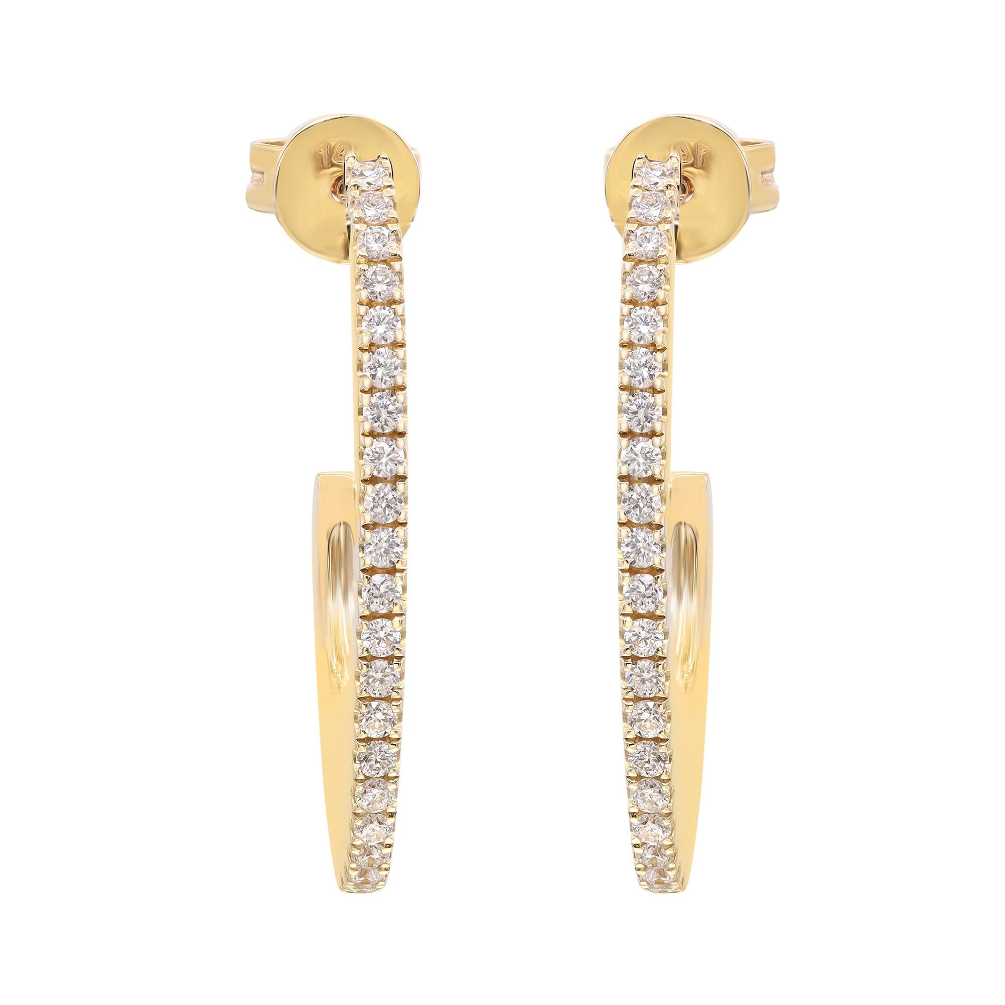 Ces boucles d'oreilles glamour de forme ovale sont ornées de diamants ronds blancs brillants sertis en or jaune 14 carats. Le poids total des diamants est de 0,34 carats. Diamant de couleur G-H et de pureté VS-SI. Fixé par une boucle d'oreille avec