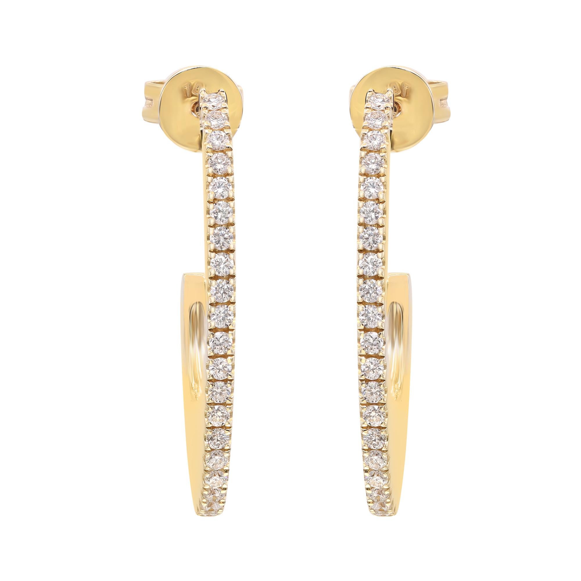 These glamorous oval shaped hoop earrings feature bright white prong set round cut diamonds crafted in 14K yellow gold. The total diamond weight is 0.34 carats. Diamond color G-H and clarity VS-SI. Secured with push back earring post. Size: 1 inch.