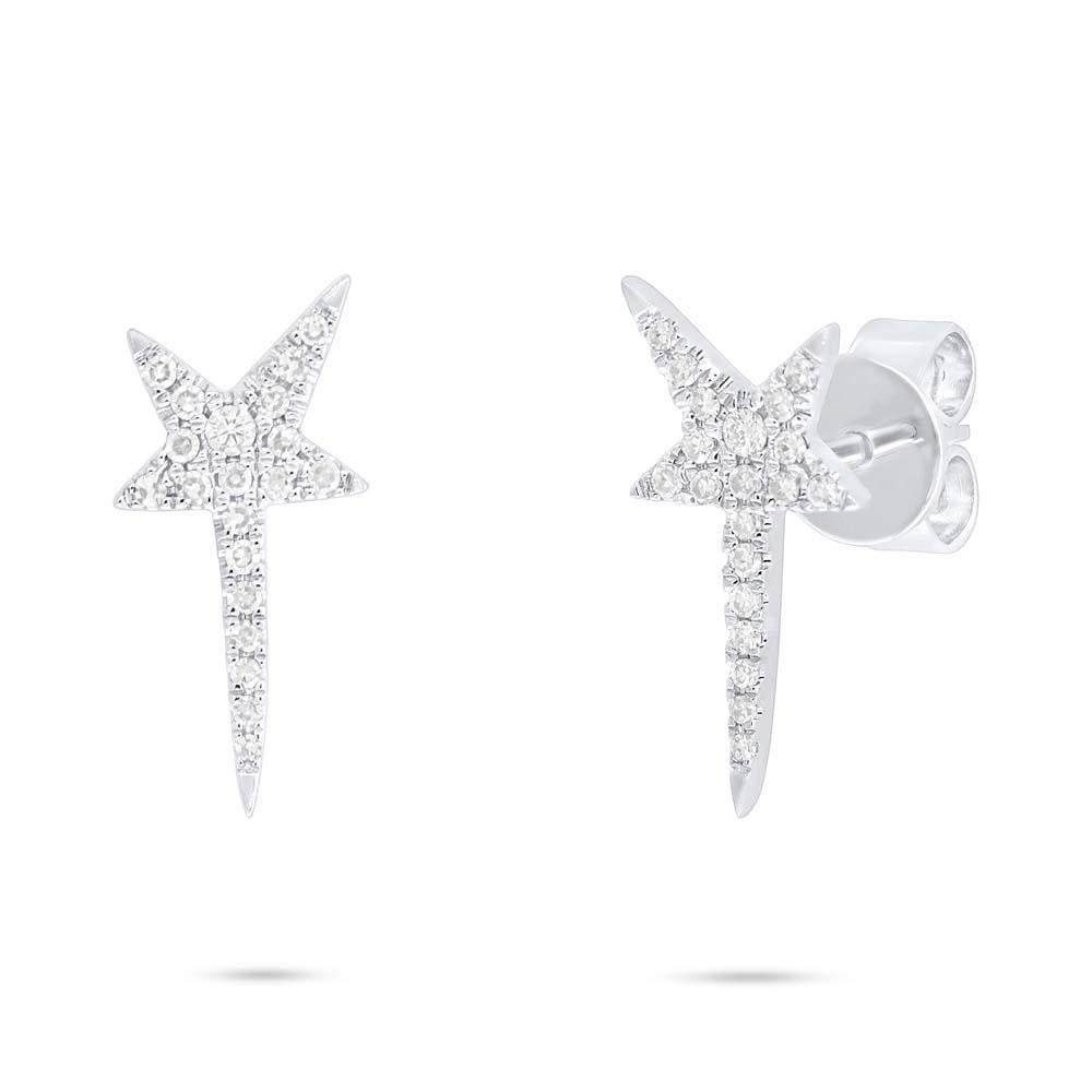 Beautiful and delicate diamond star stud earrings crafted in 14k white gold. These are set with micro pave round cut diamonds in a glittering star like ensemble. Total diamond carat weight 0.13. Color G-H and VS-SI clarity. Height: 13mm; Width: