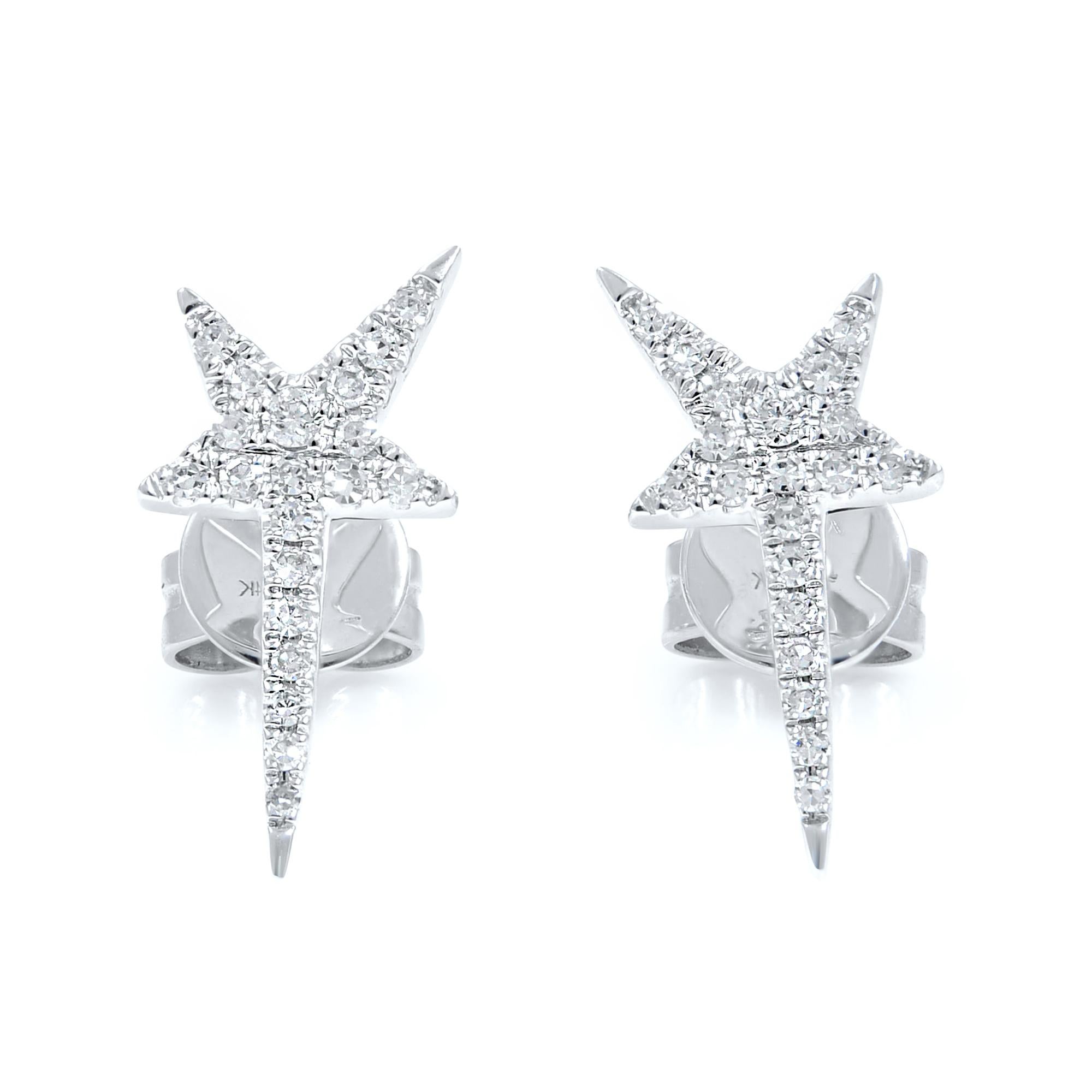 Round Cut Rachel Koen Pave Diamond Star Stud Earrings 14K White Gold 0.13 Cttw For Sale
