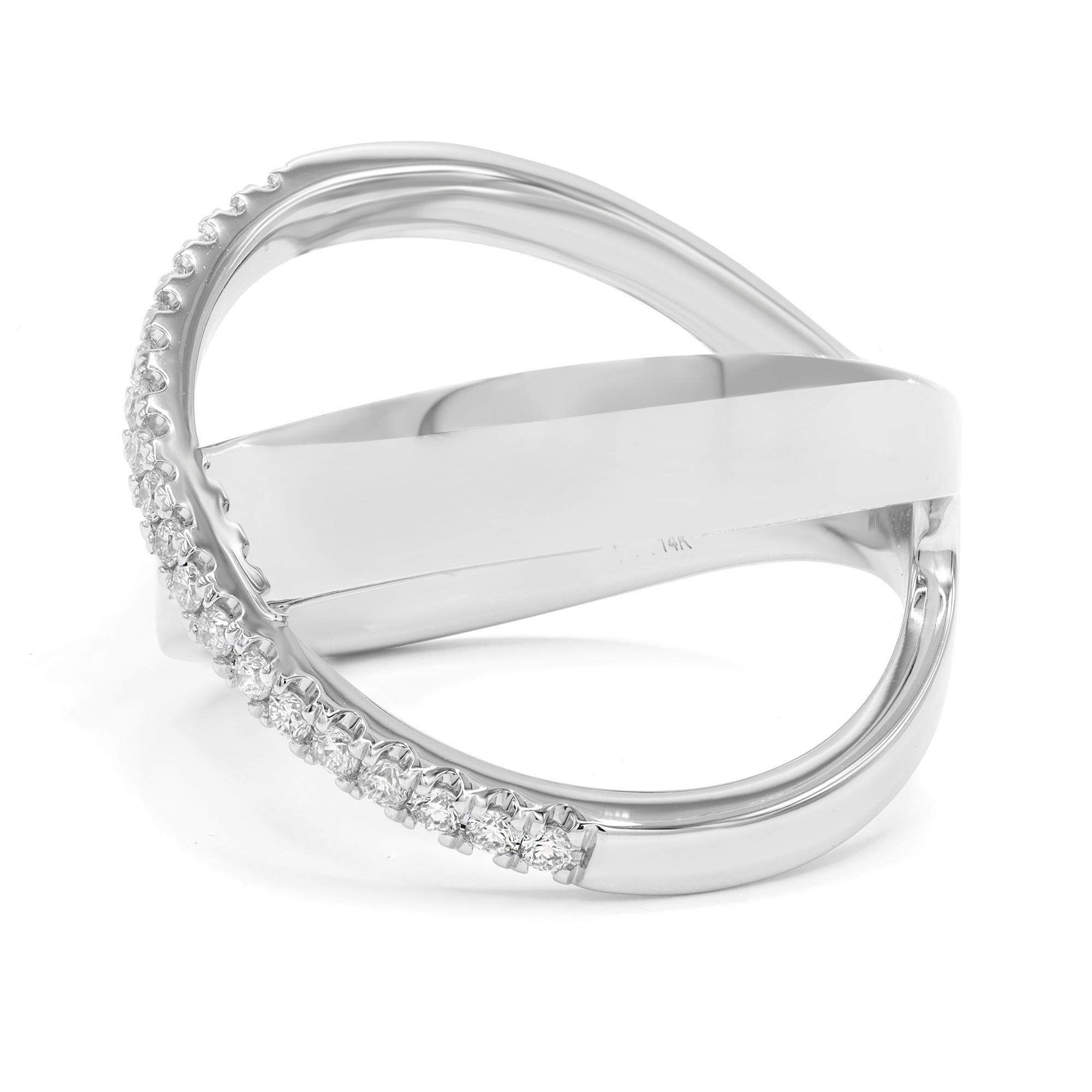 Modern Rachel Koen Pave Diamond X Ring Band 14K White Gold 0.19Cttw Size 7 For Sale