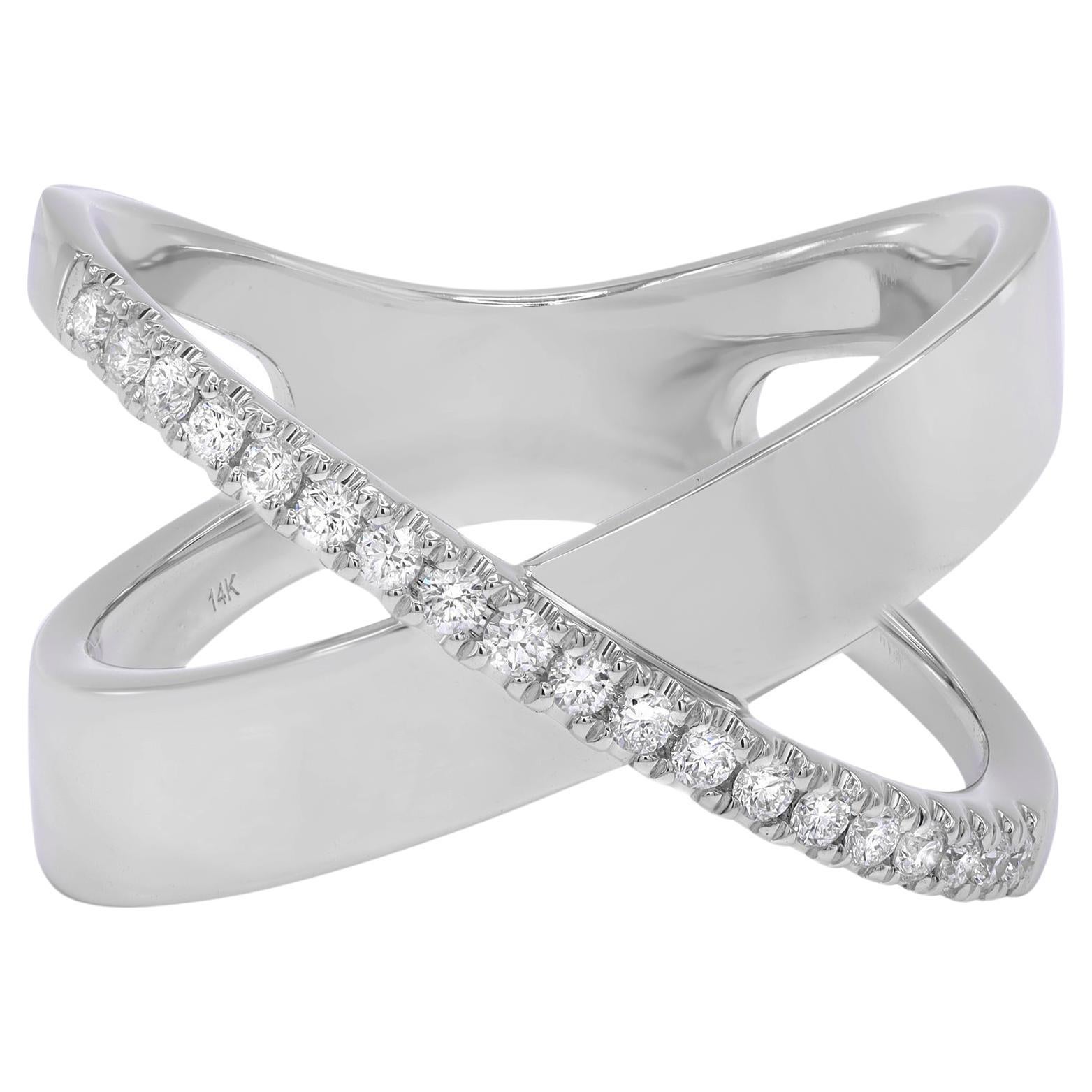 Rachel Koen Pave Diamond X Ring Band 14K White Gold 0.19Cttw Size 7