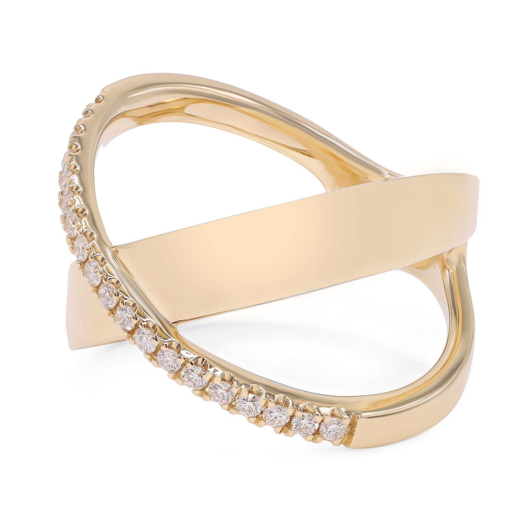 Modern Rachel Koen Pave Diamond X Ring Band 14K Yellow Gold 0.19Cttw Size 7 For Sale