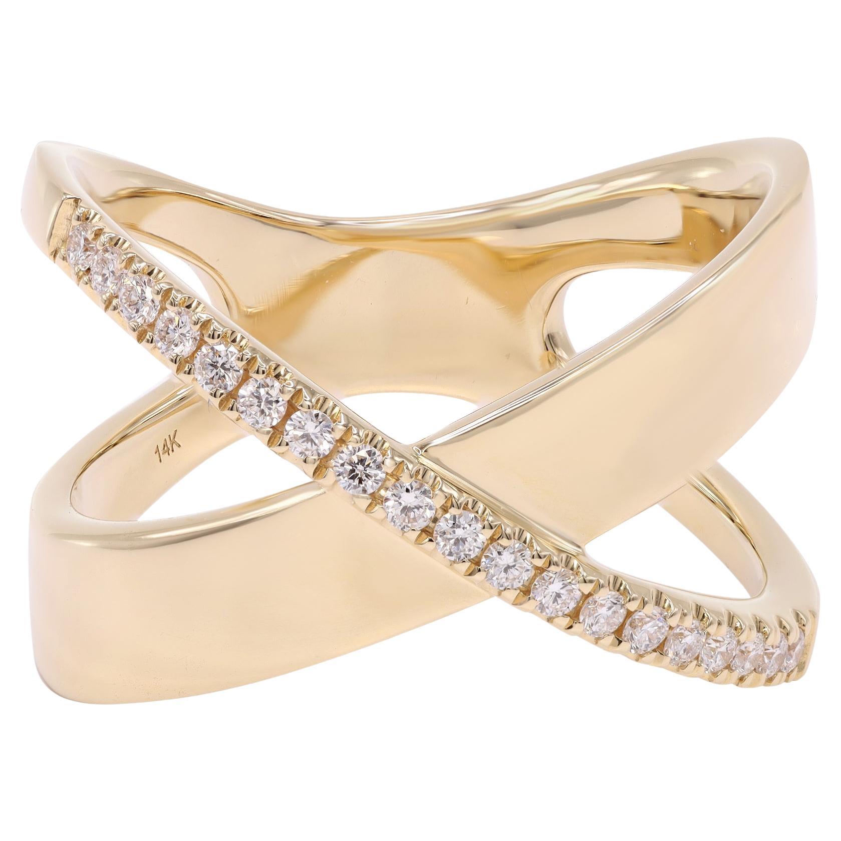 Rachel Koen Pave Diamond X Ring Band 14K Yellow Gold 0.19Cttw Size 7 For Sale