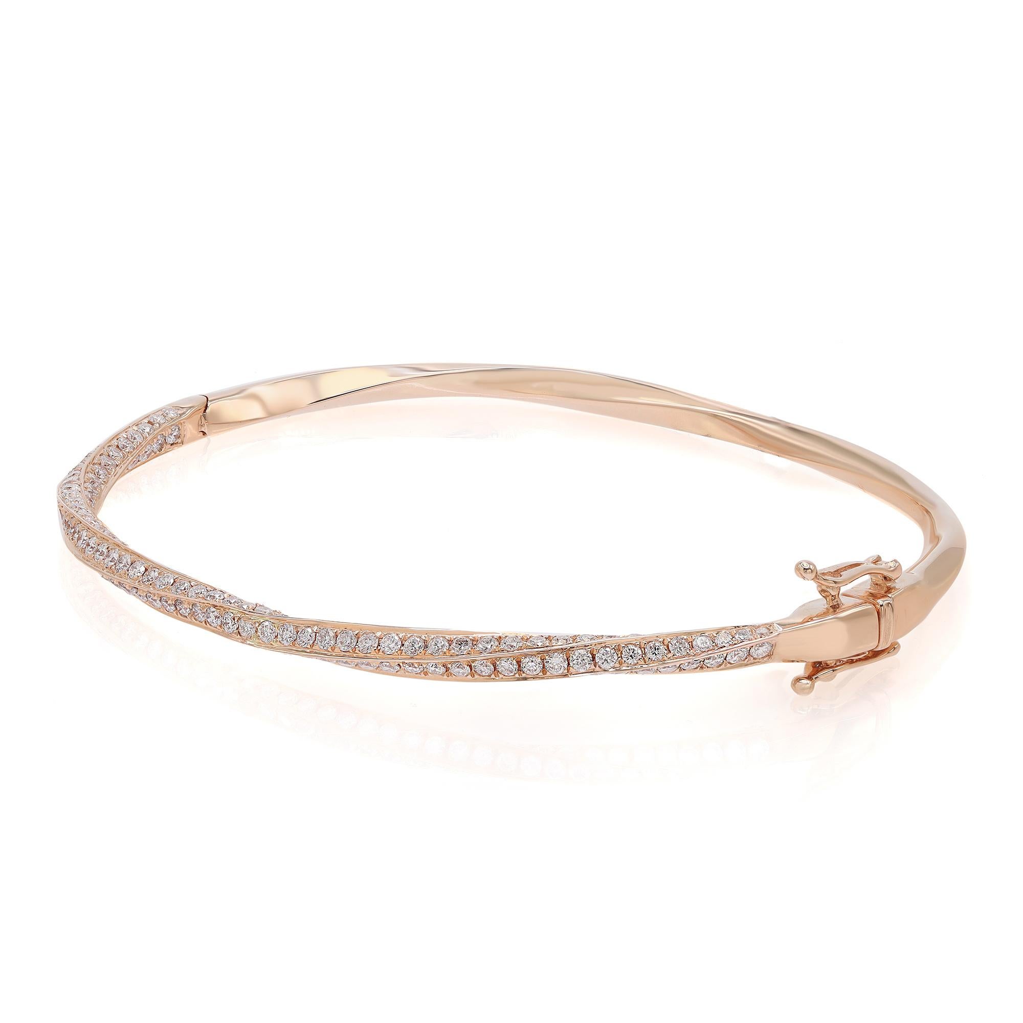 Modern Rachel Koen Pave Set Round Cut Diamond Bangle Bracelet 18K Rose Gold 2.07Cttw For Sale