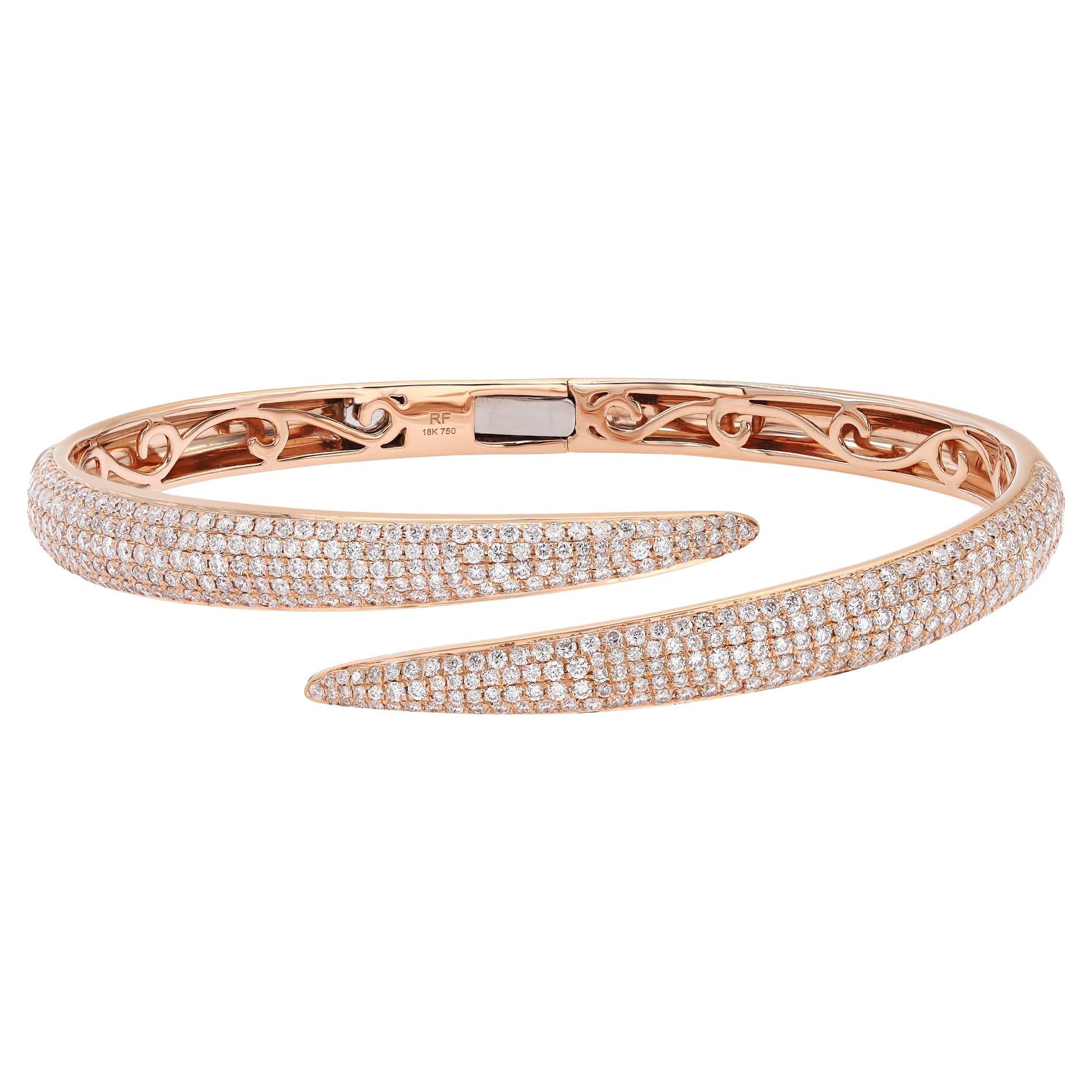 Rachel Koen Pave Set Round Cut Diamond Bangle Bracelet 18K Rose Gold 2.68cttw For Sale