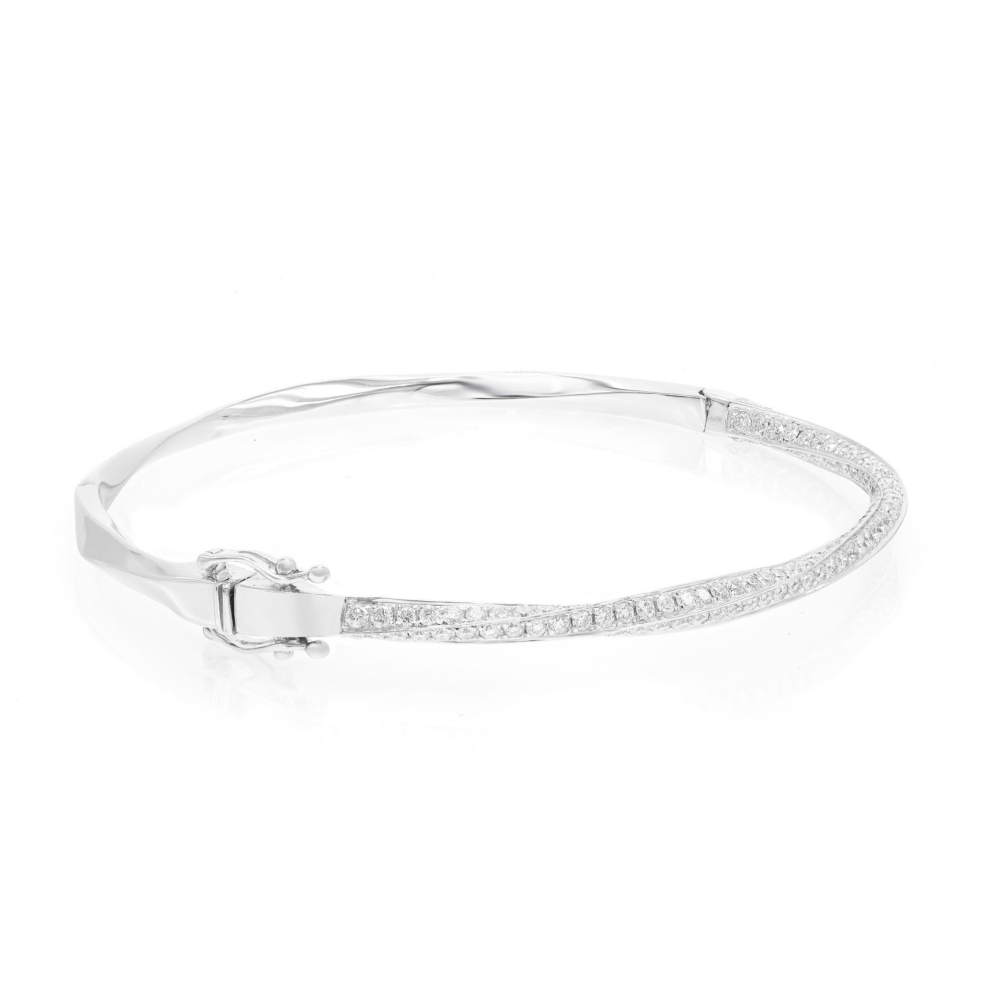 Modern Rachel Koen Pave Set Round Cut Diamond Bangle Bracelet 18K White Gold 2.09Cttw For Sale