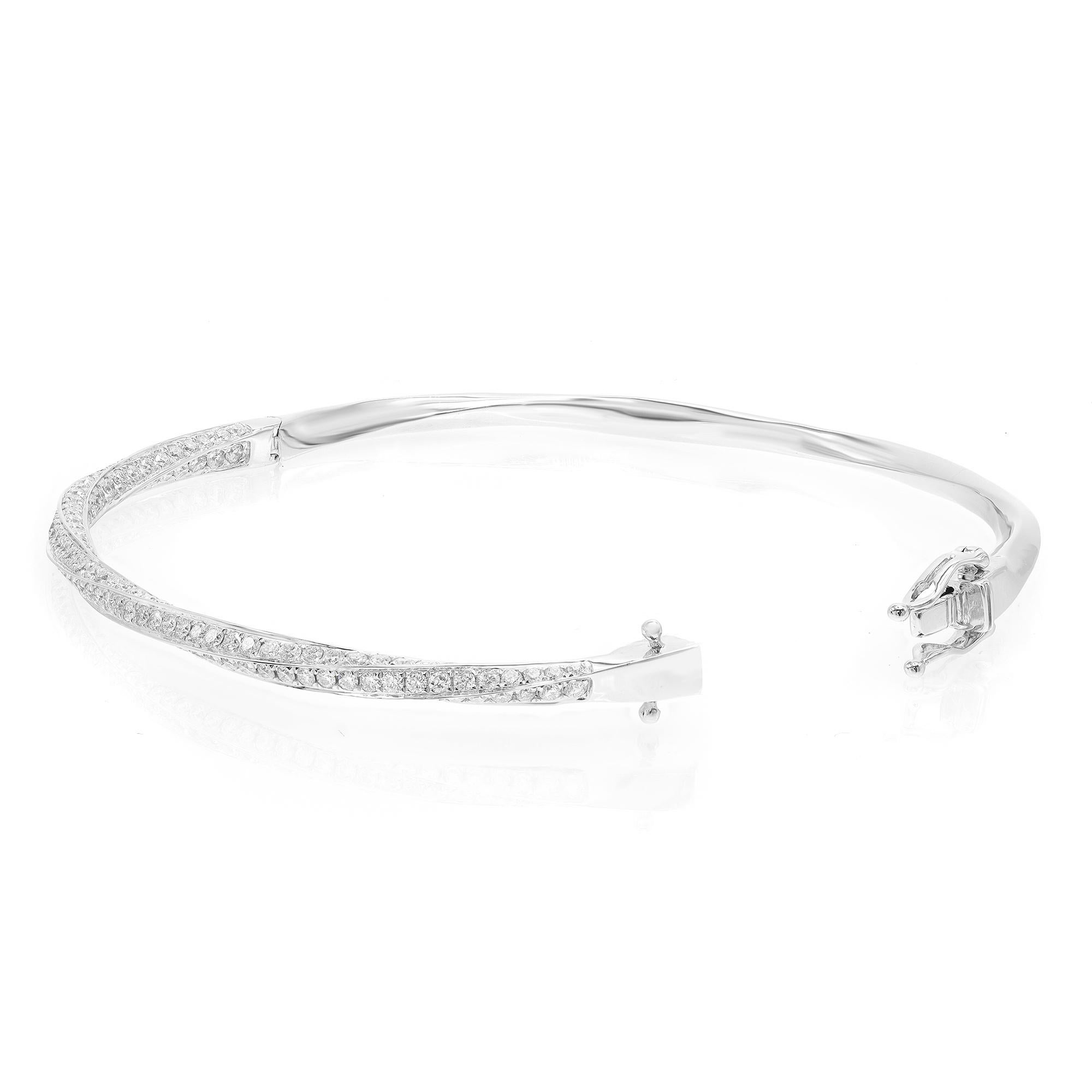 Women's Rachel Koen Pave Set Round Cut Diamond Bangle Bracelet 18K White Gold 2.09Cttw For Sale