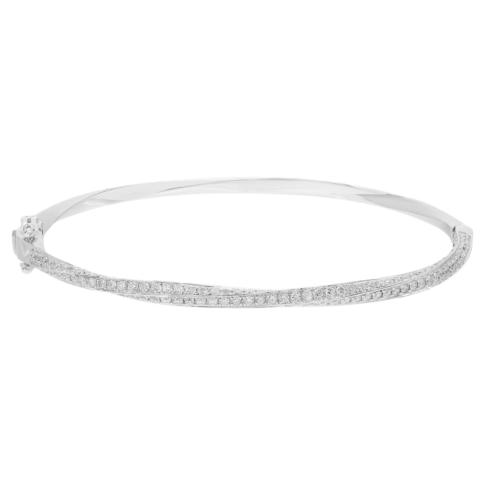 Rachel Koen Pave Set Round Cut Diamond Bangle Bracelet 18K White Gold 2.09Cttw For Sale