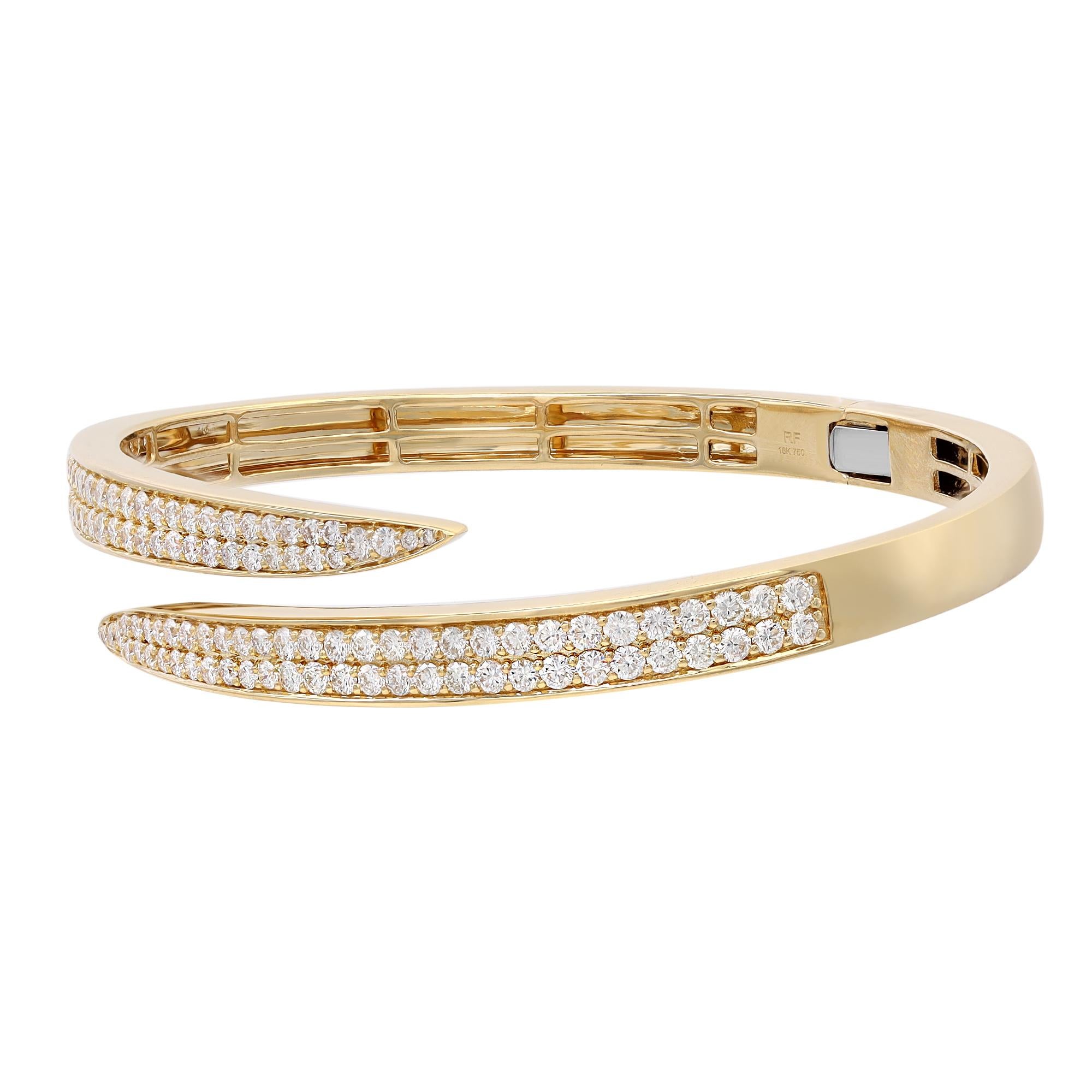 Let your style shine with this classic and elegant diamond bangle bracelet. Encrusted with pave set bright white natural round cut diamonds set halfway through the bangle. Crafted in fine high polished 18k yellow gold. The total diamond weight is