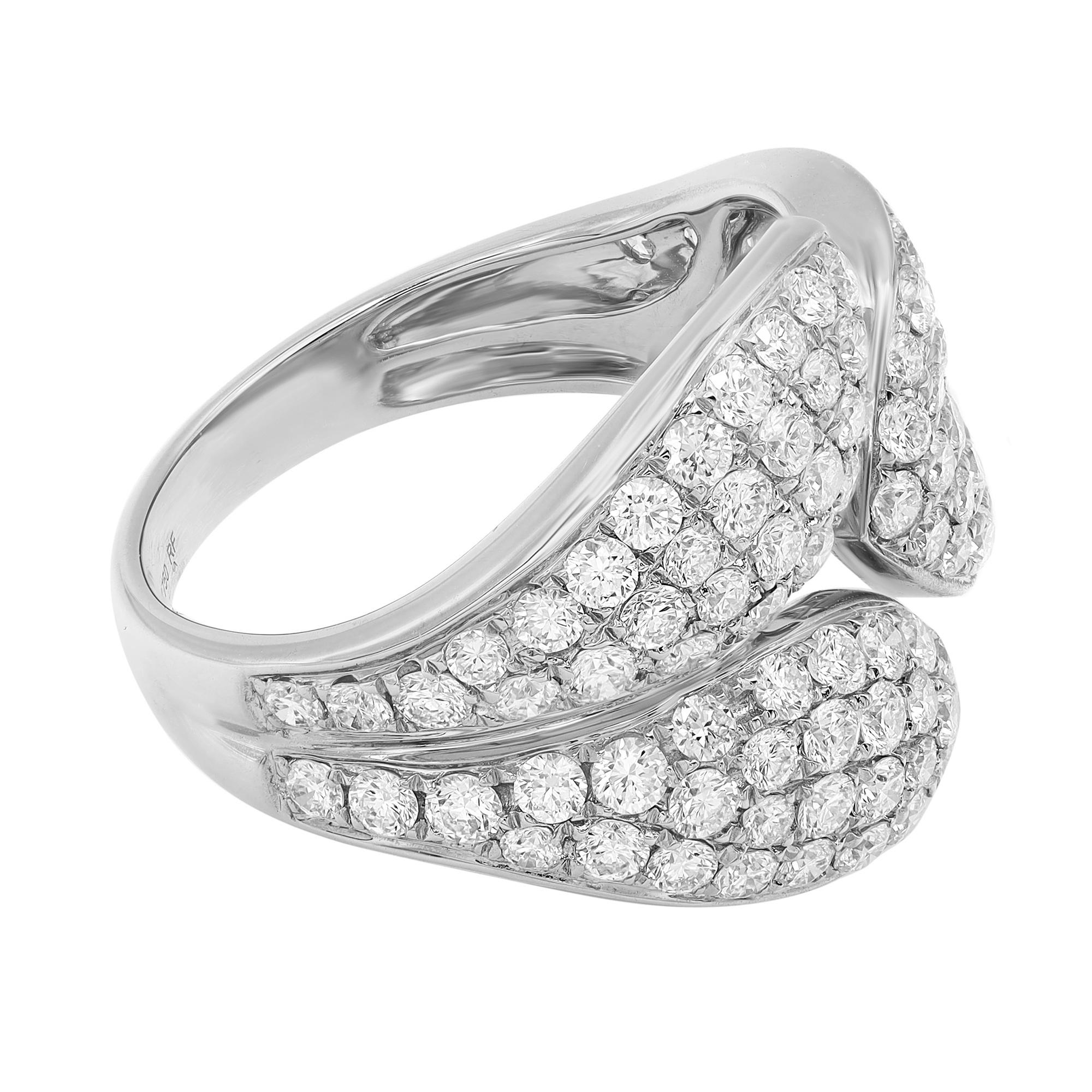 This luxurious 18k white gold ladies diamond ring showcases 2.00 carats of dazzling round cut diamonds in pave setting. Perfectly encrusted in a lustrous yellow gold leaves shank. Diamond Quality: G-H color, VS-SI clarity. Ring Size: 6.5. Total