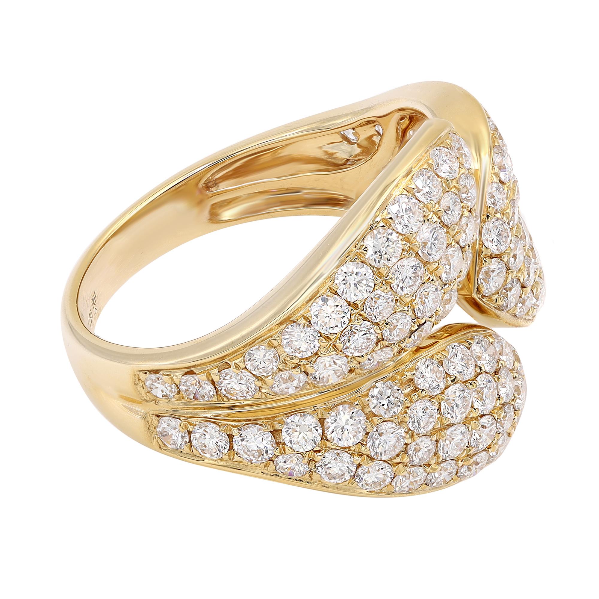 This luxurious 18k yellow gold ladies diamond ring showcases 2.00 carats of dazzling round cut diamonds in pave setting. Perfectly encrusted in a lustrous yellow gold leaves shank. Diamond Quality: G-H color, VS-SI clarity. Ring Size: 6.5. Total