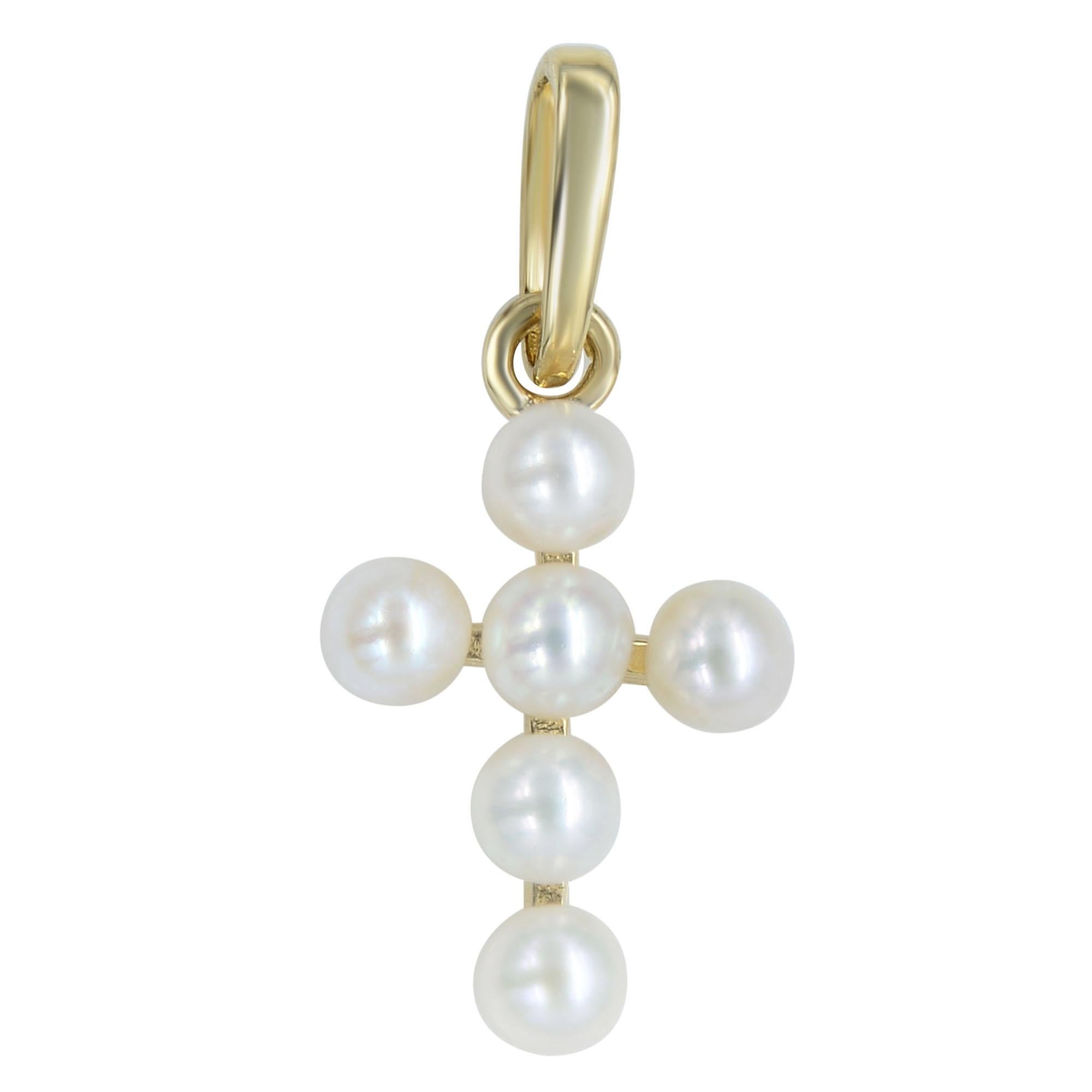 Round Cut Rachel Koen Petite Pearl Cross Pendant 14k Yellow Gold For Sale