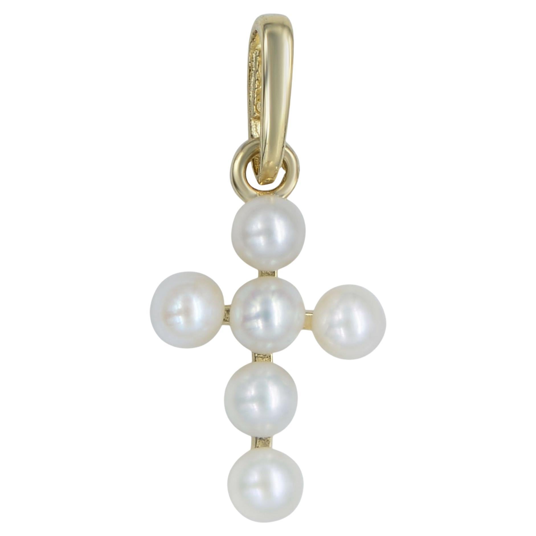 Rachel Koen Pendentif croix en or jaune 14 carats avec petite perle