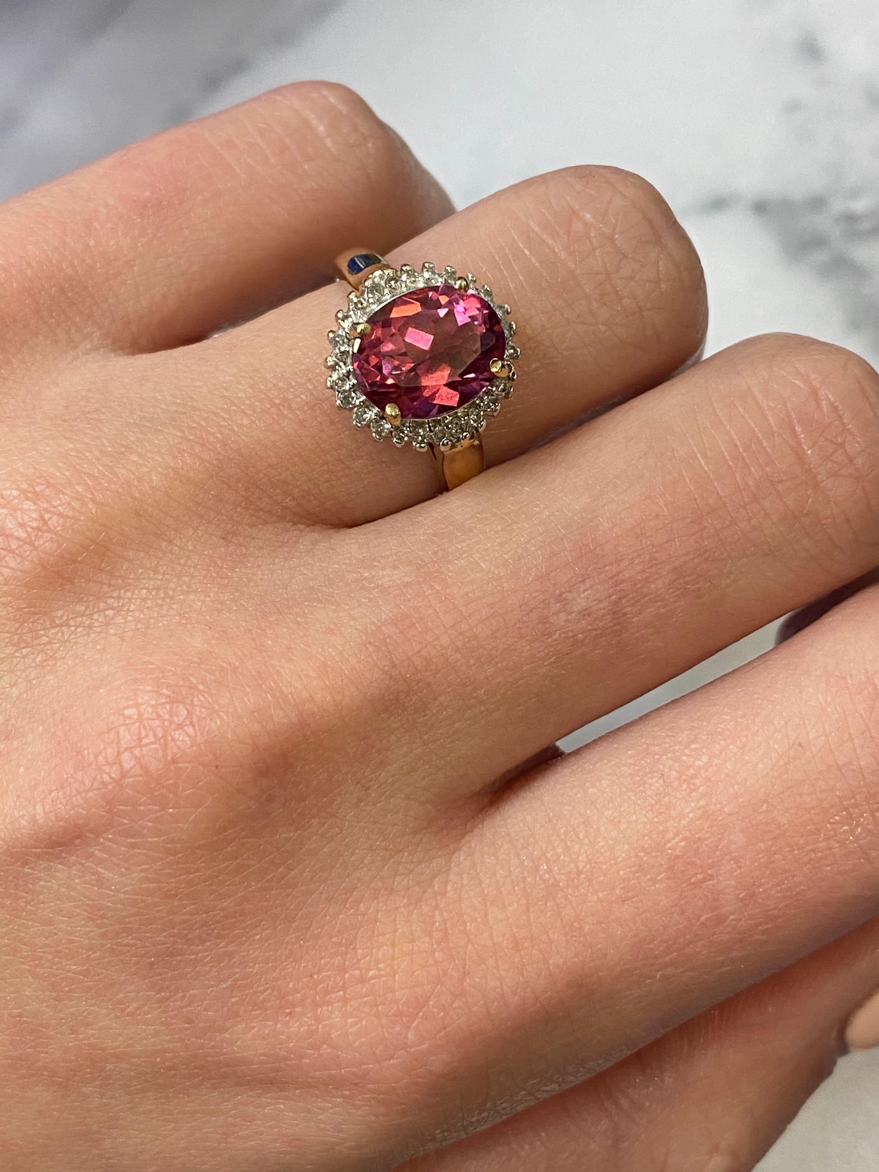 Rachel Koen Pink Tourmaline Diamond Halo Engagement Ring Yellow Gold Oval For Sale 1