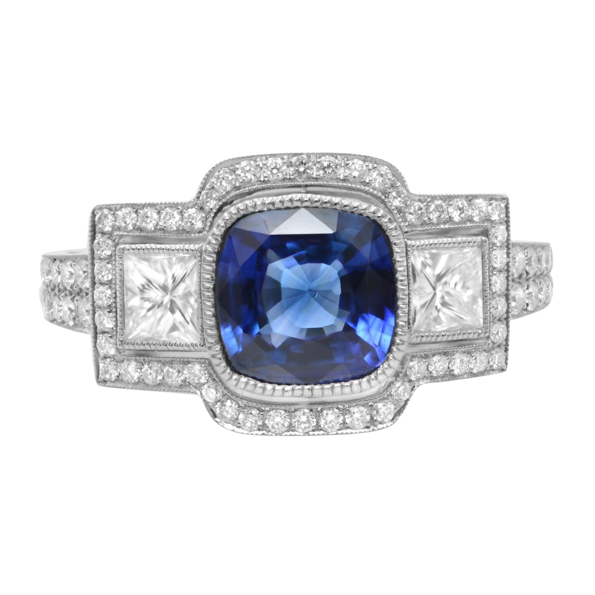 Rachel Koen Platinum Blue Cushion Cut Sapphire Diamond Engagement Ring For Sale