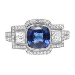 Rachel Koen Platinum Blue Cushion Cut Sapphire Diamond Engagement Ring