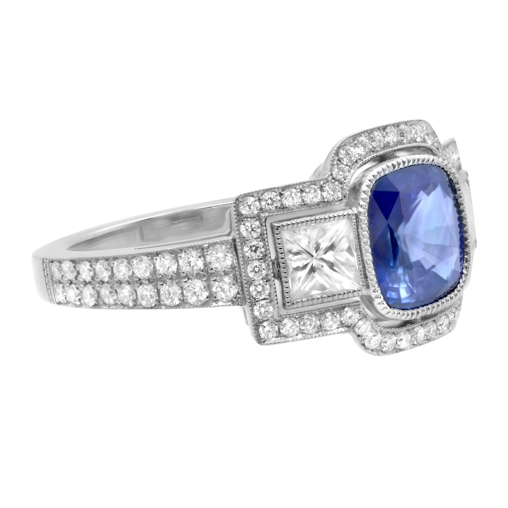 Modern Rachel Koen Platinum Blue Cushion Cut Sapphire Diamond Engagement Ring For Sale