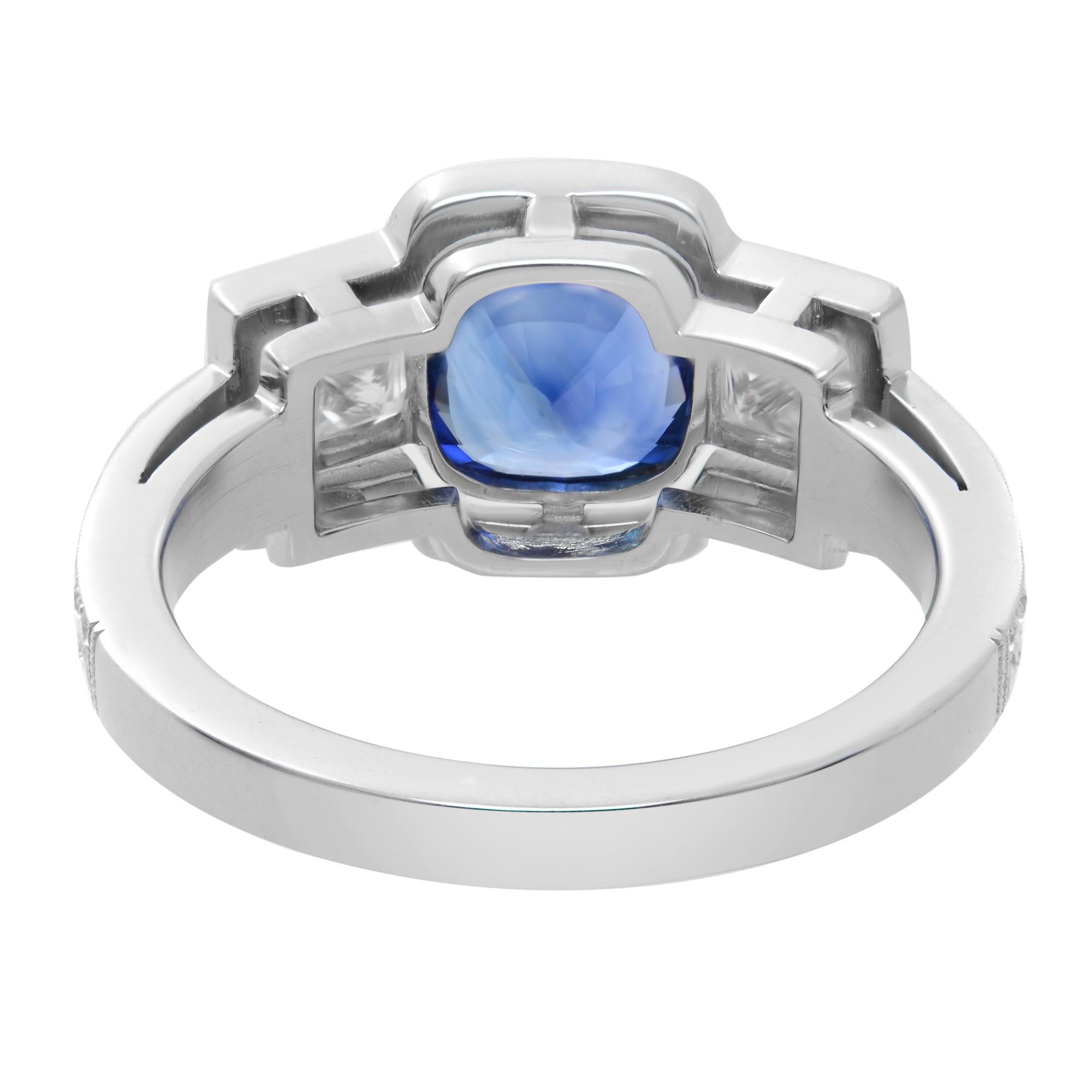 Rachel Koen Platinum Blue Cushion Cut Sapphire Diamond Engagement Ring In New Condition For Sale In New York, NY