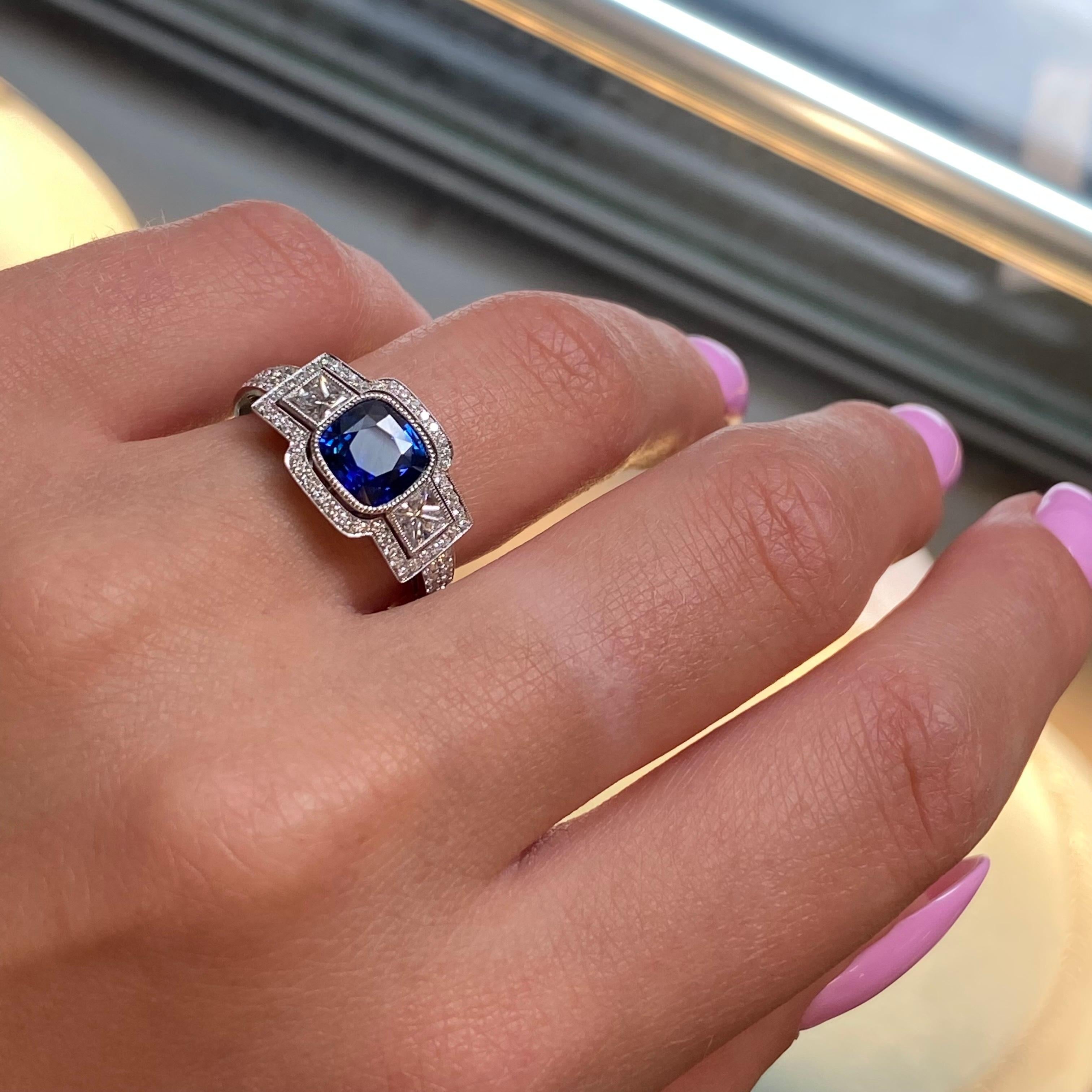 Rachel Koen Platinum Blue Cushion Cut Sapphire Diamond Engagement Ring For Sale 1