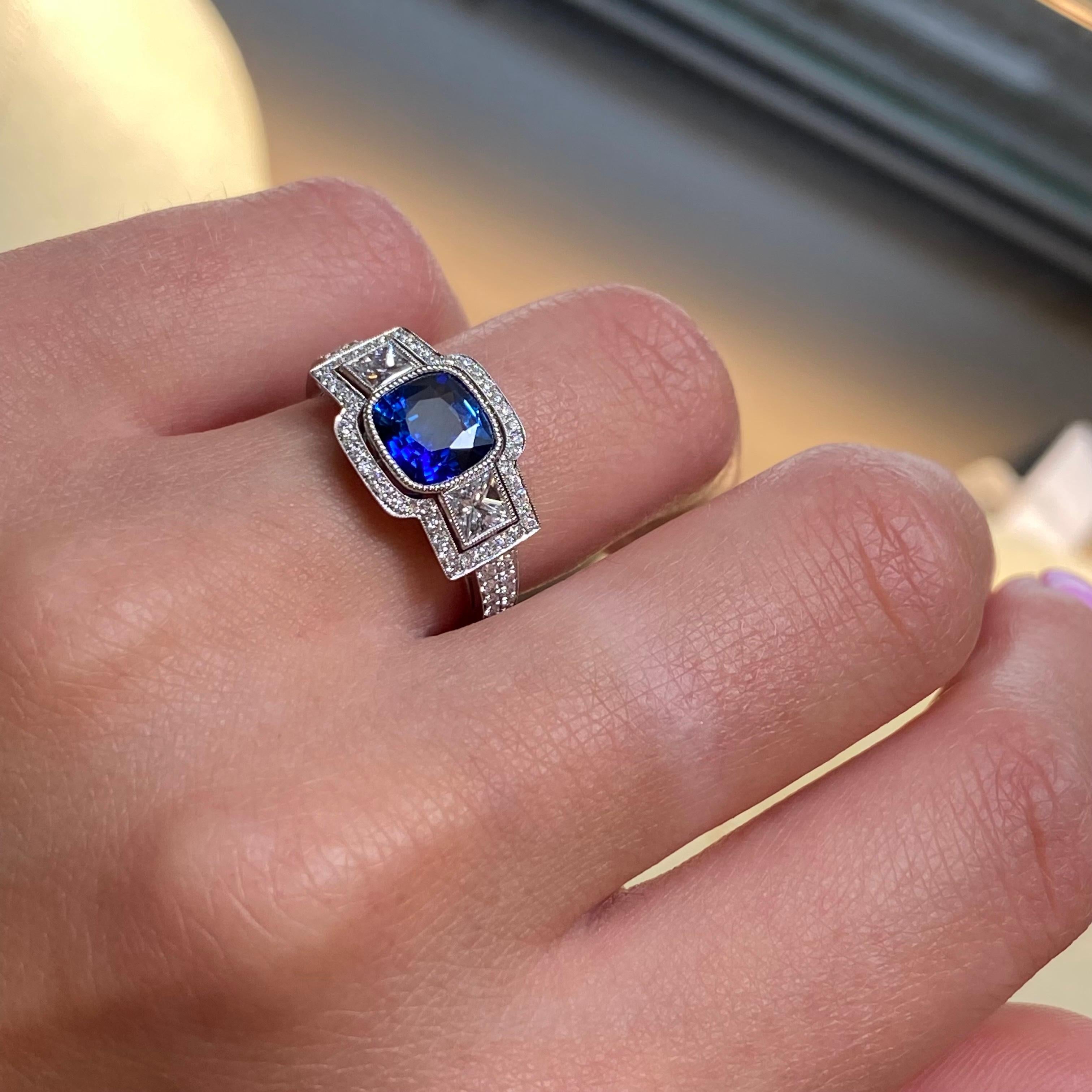 Rachel Koen Platinum Blue Cushion Cut Sapphire Diamond Engagement Ring For Sale 2