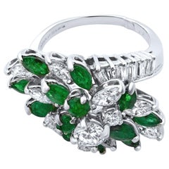 Antique Diamond and Green Emerald Platinum Cocktail Ring Size 7