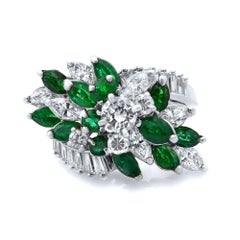 Antique Diamond and Green Emerald Platinum Cocktail Ring Size 7