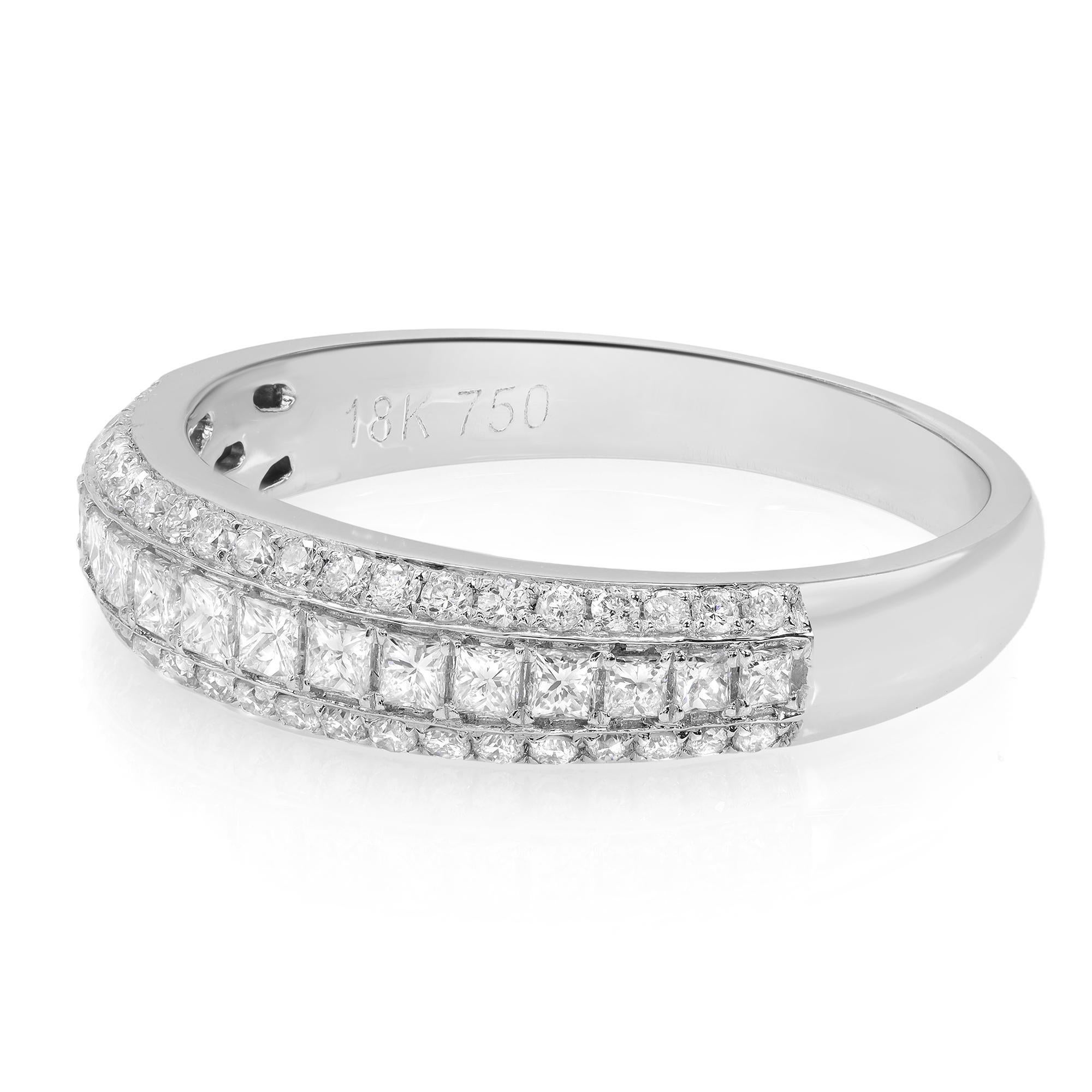 Princess Cut Rachel Koen Princess and Round Diamond Wedding Band Ring 18k White Gold 0.67cttw For Sale