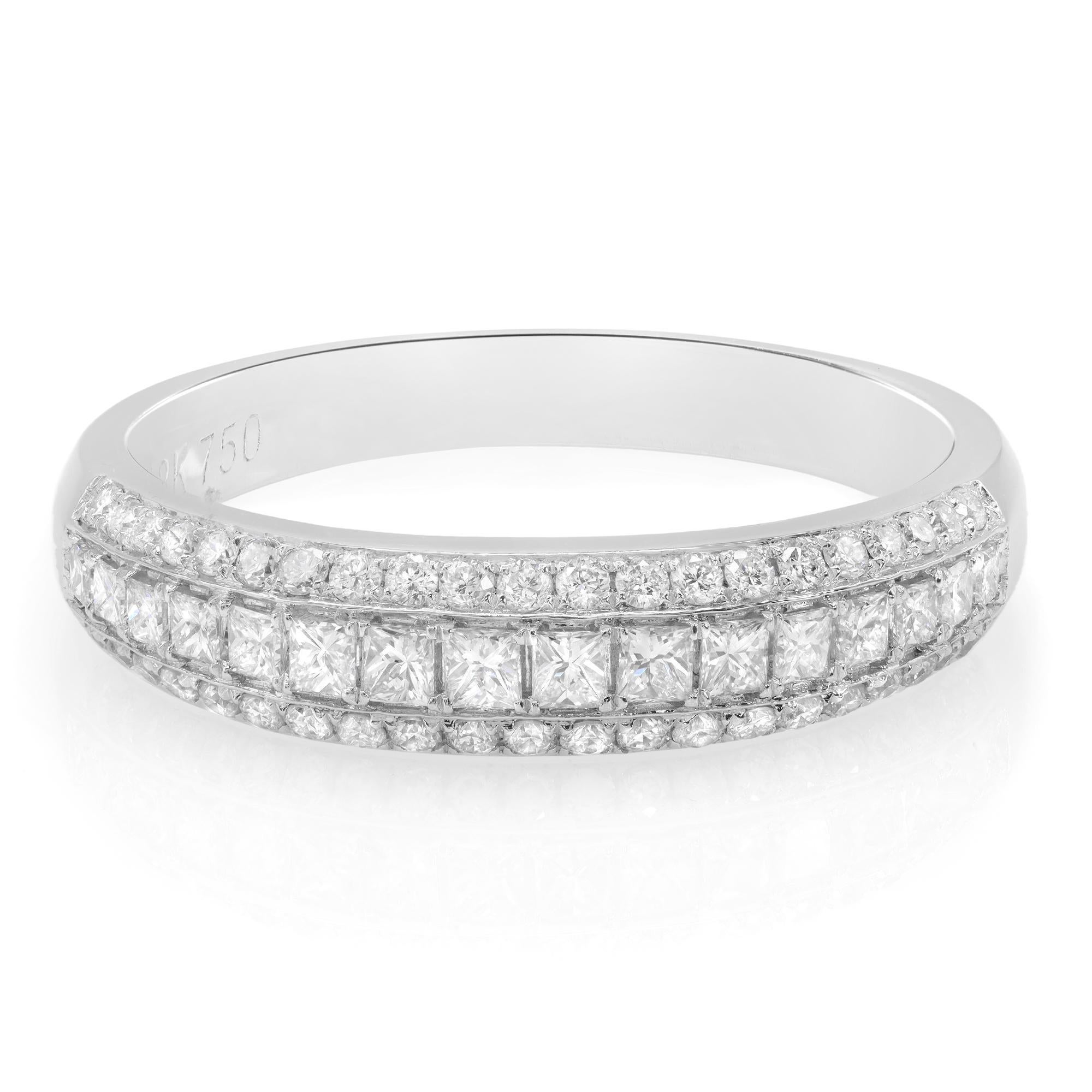 Rachel Koen Princess and Round Diamond Wedding Band Ring 18k White Gold 0.67cttw For Sale