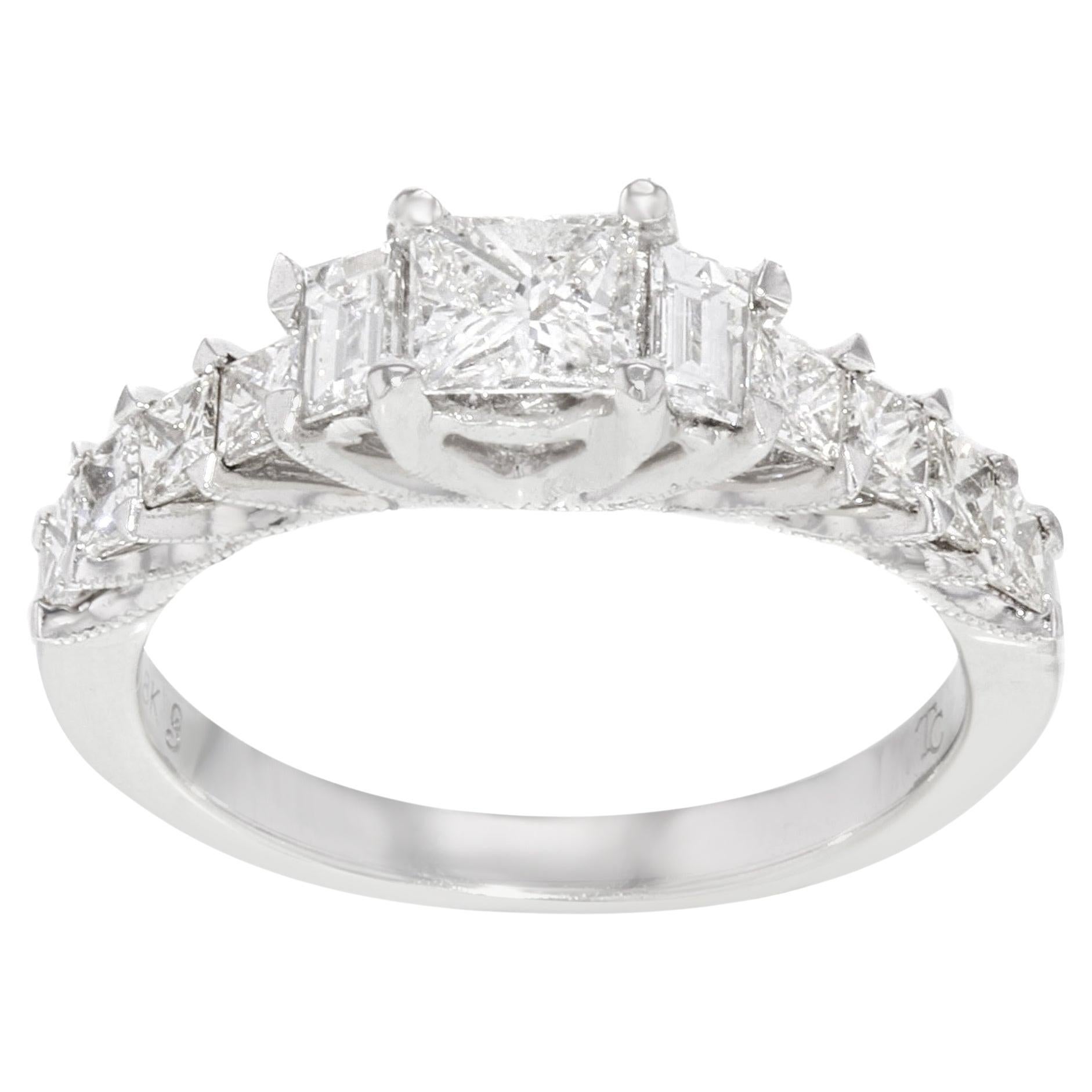 Rachel Koen Princess Baguette Cut Diamond Ring 18k White Gold 1.25cttw For Sale
