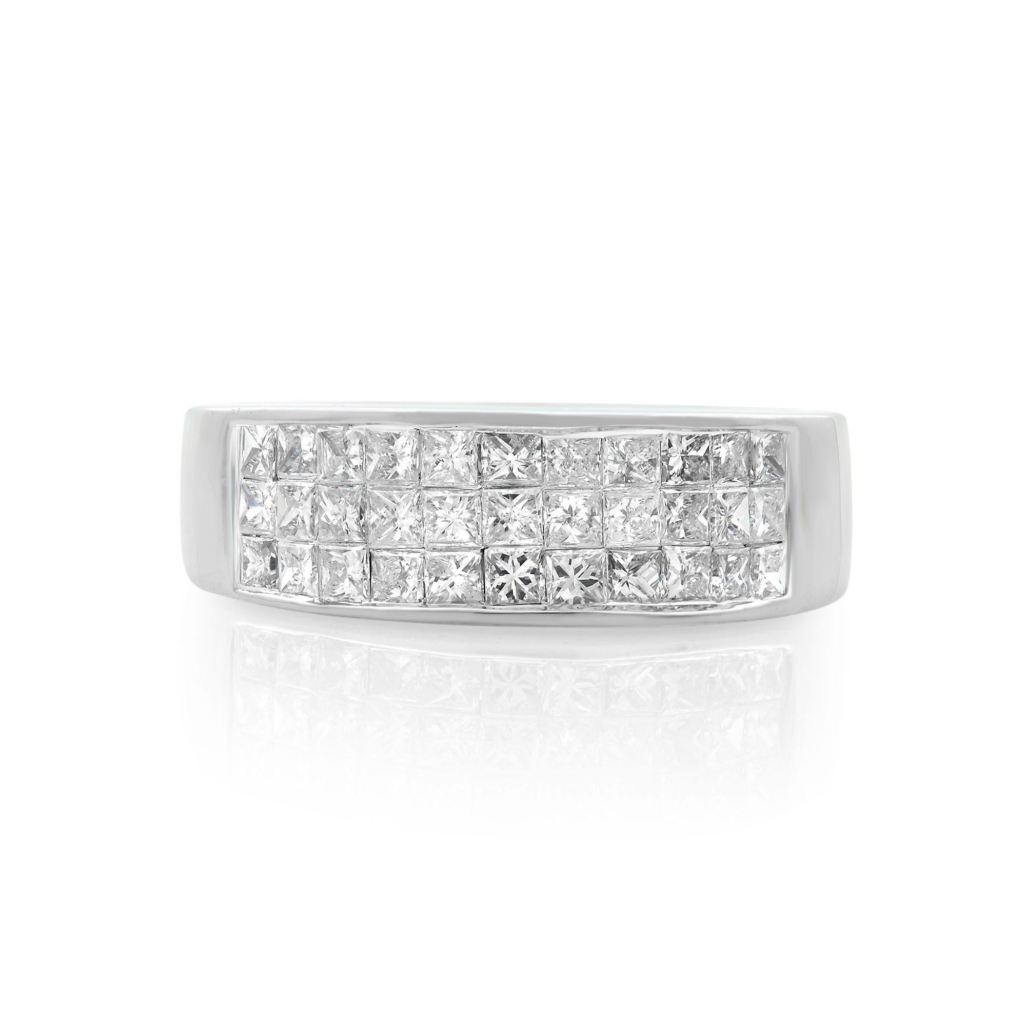 Modern ladies thick band ring crafted in 14k white gold with 33 princess cut diamonds in invisible setting.  
Total diamond carat weight : 1.00 with color H and clarity SI2. Ring width: 6.5mm. Ring size: 7.5. New condition. Comes in our jewelry