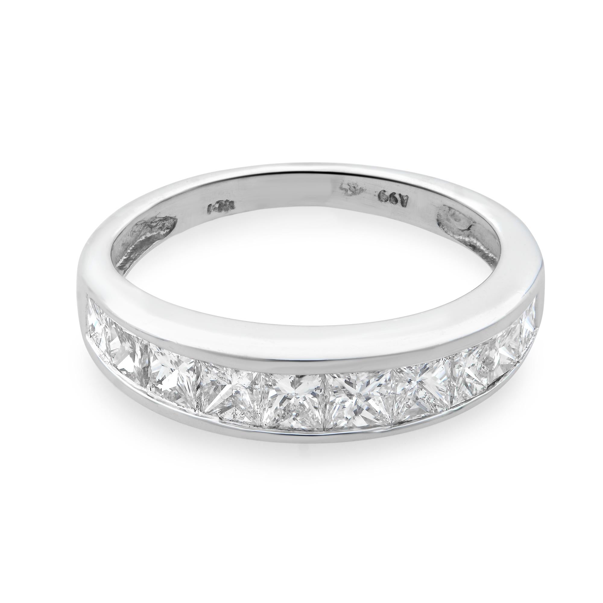 14k white gold diamond princess cut ladies wedding band ring. Channel setting. Total carat weight: 1.00. Diamond color J, diamond clarity SI2. Ring size 5. Width of the ring 4.11mm. Comes with a presentable gift box.