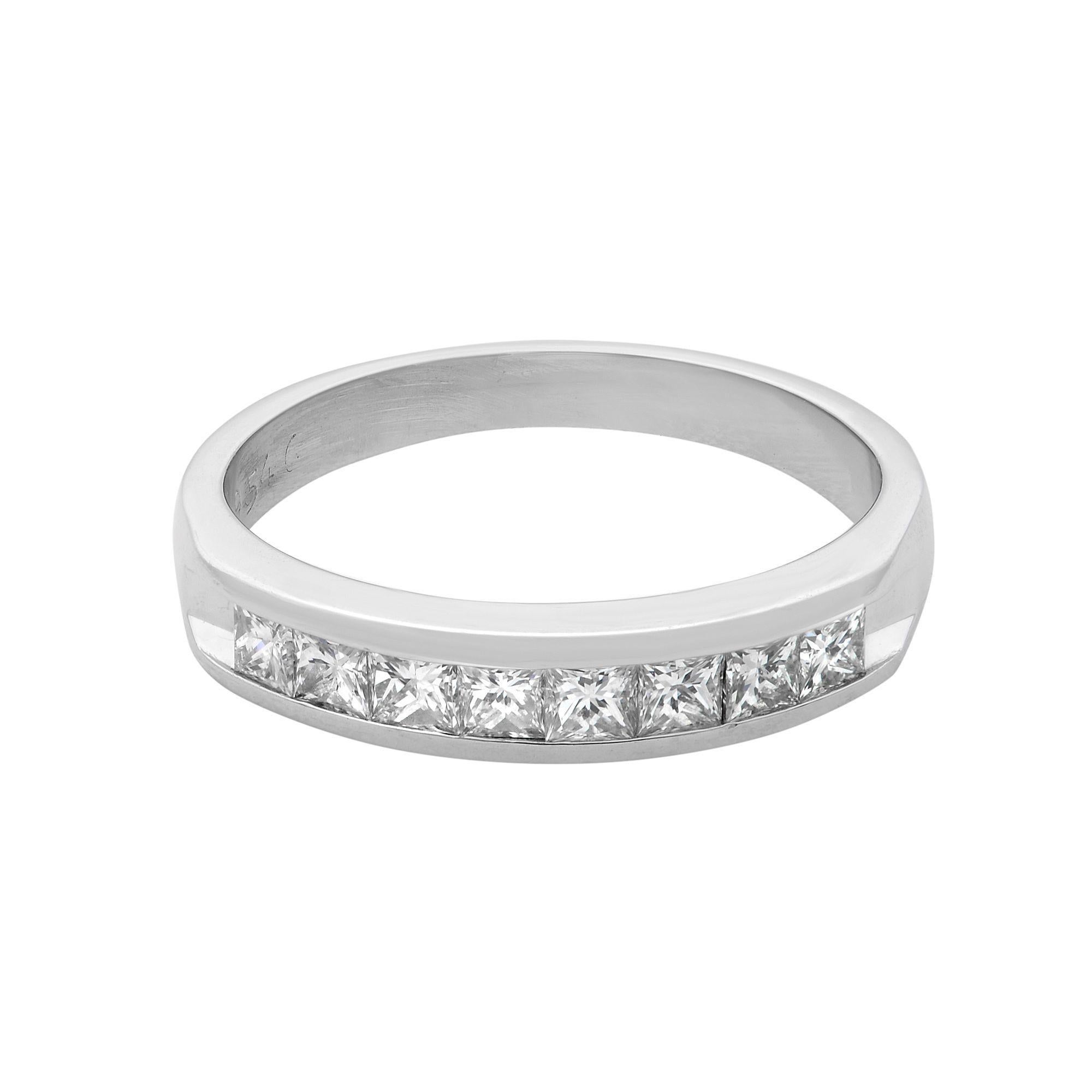 A platinum ring with channel set princess-cut diamonds is a beautiful take on a classic style. Ideal as a wedding ring or as an anniversary gift. This ring features 0.40 carats in total with 8 beautifully crafted princess cut stones. Ring width: