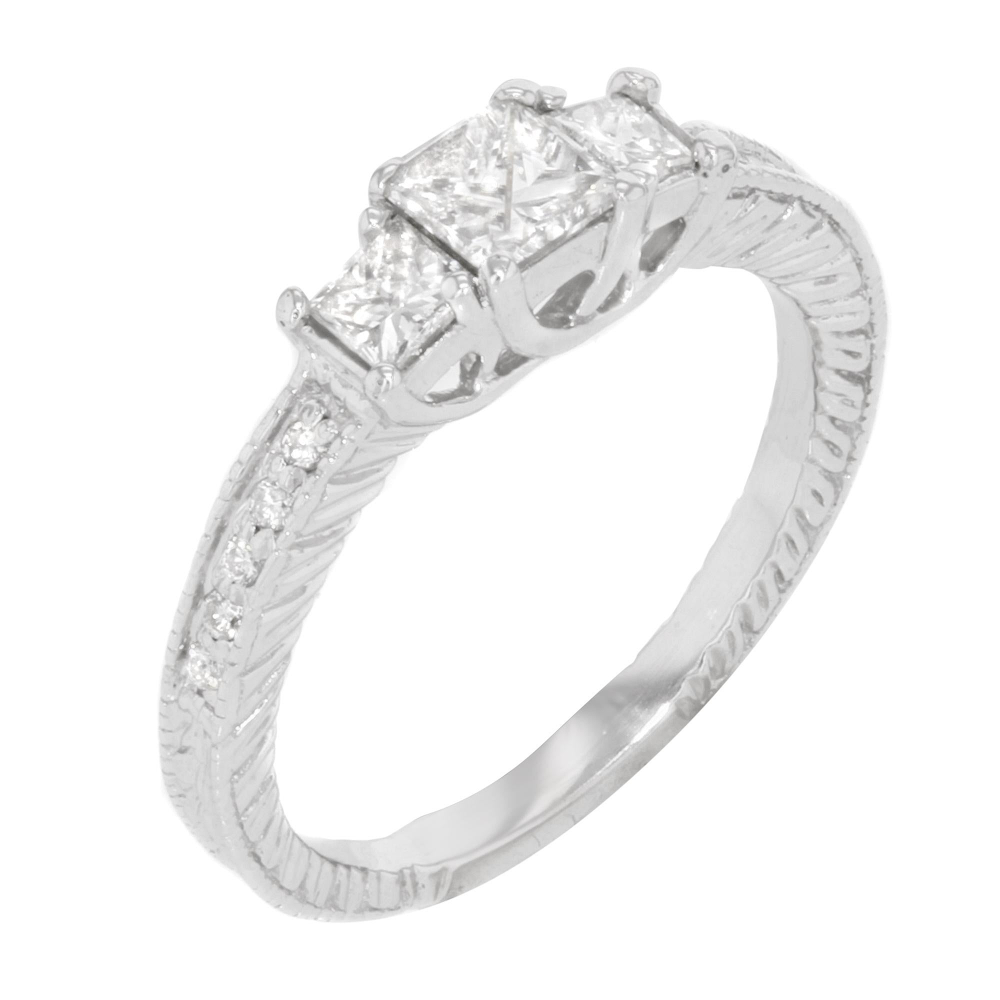 Modern Rachel Koen Princess Cut Three-Stone Diamond Ladies Ring 14K Gold 1.00Ctw For Sale