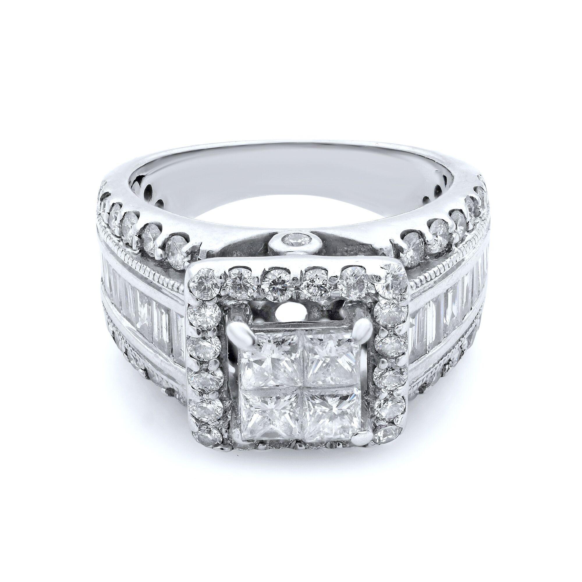 Princess Cut Rachel Koen Princess & Round Diamond Engagement Ring 14K White Gold 2.00Ct For Sale