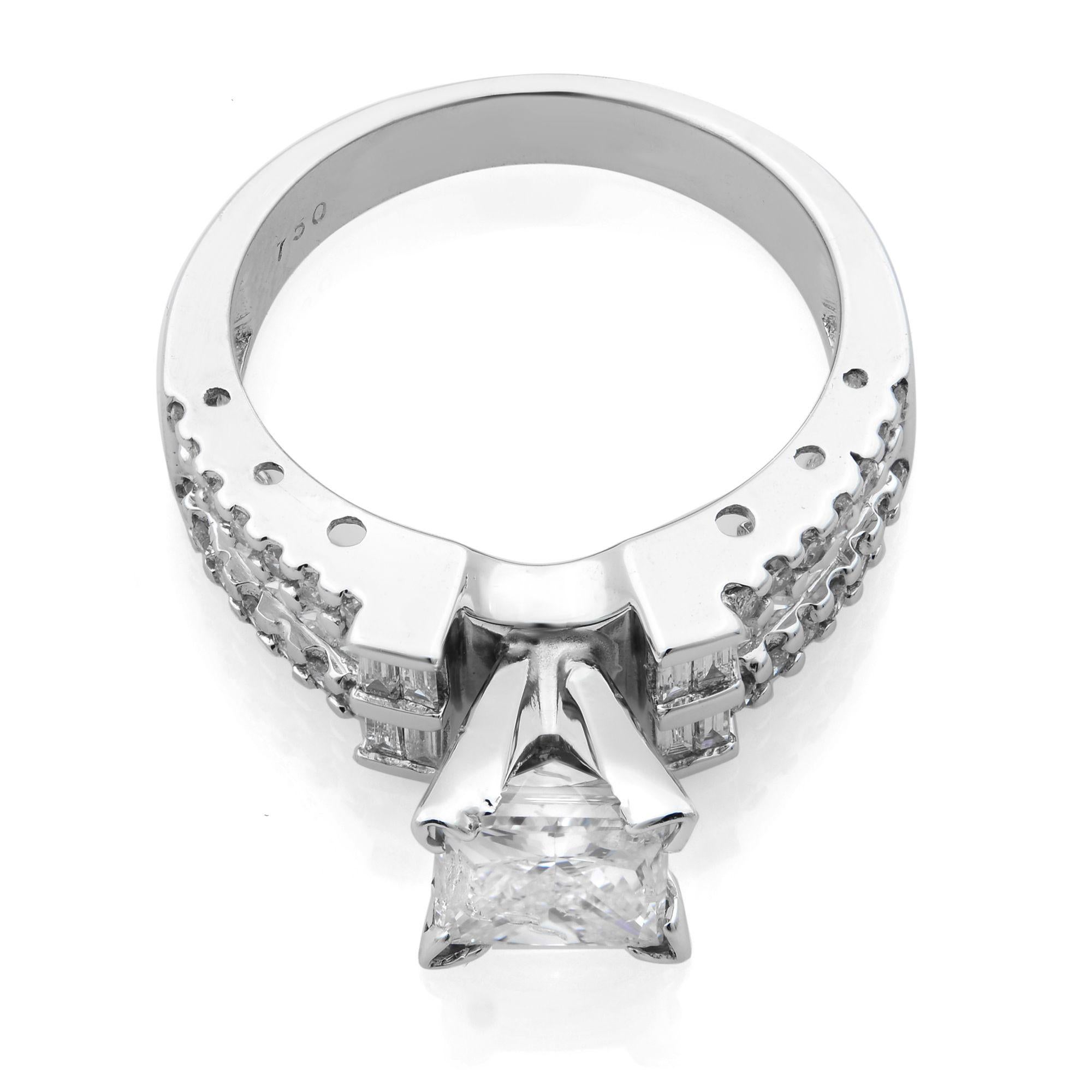 Modern Rachel Koen Princess W/Baguette & Round Cut Diamonds Ring 18K White Gold 1.25cts For Sale