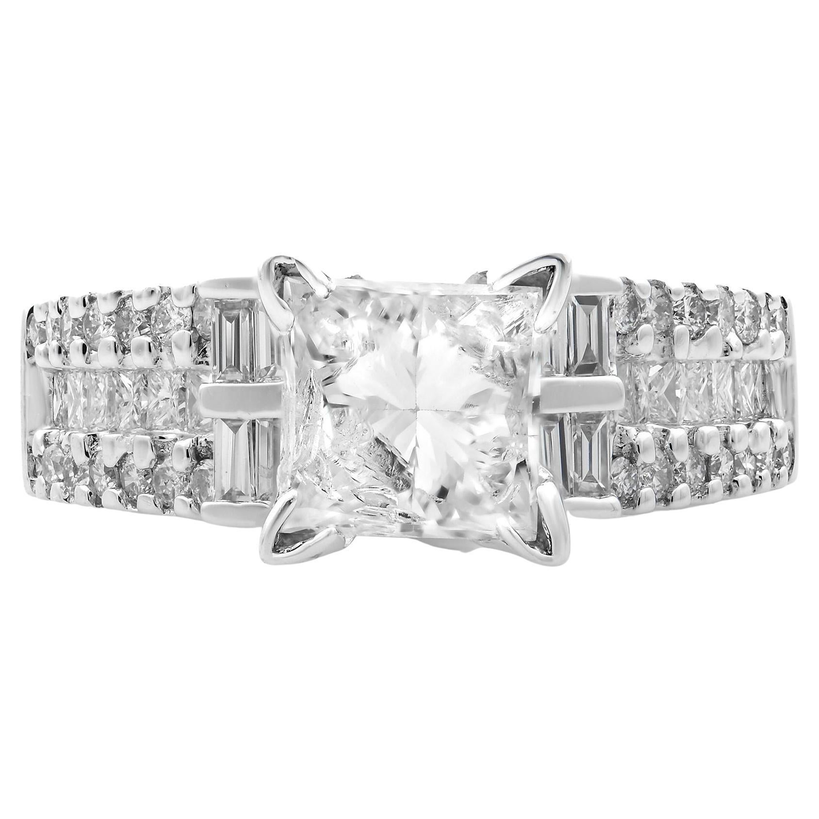 Rachel Koen Princess W/Baguette & Round Cut Diamonds Ring 18K White Gold 1.25cts For Sale