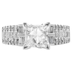 Rachel Koen Princess W/Baguette & Round Cut Diamonds Ring 18K White Gold 1.25cts