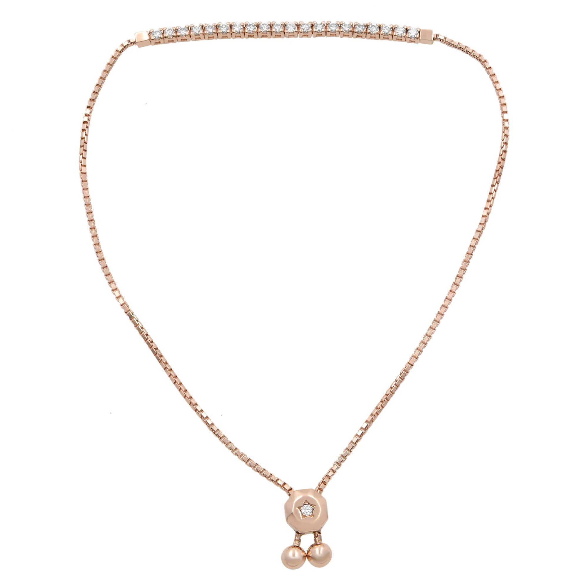Trendy tennis bolo bracelet with a sliding lariat closure on a delicate box chain. Super comfortable, so easy to wear! The design is shimmered with 22 round brilliant cut diamonds totaling 0.50 carats. The bracelet is made of fine 14K Rose Gold and