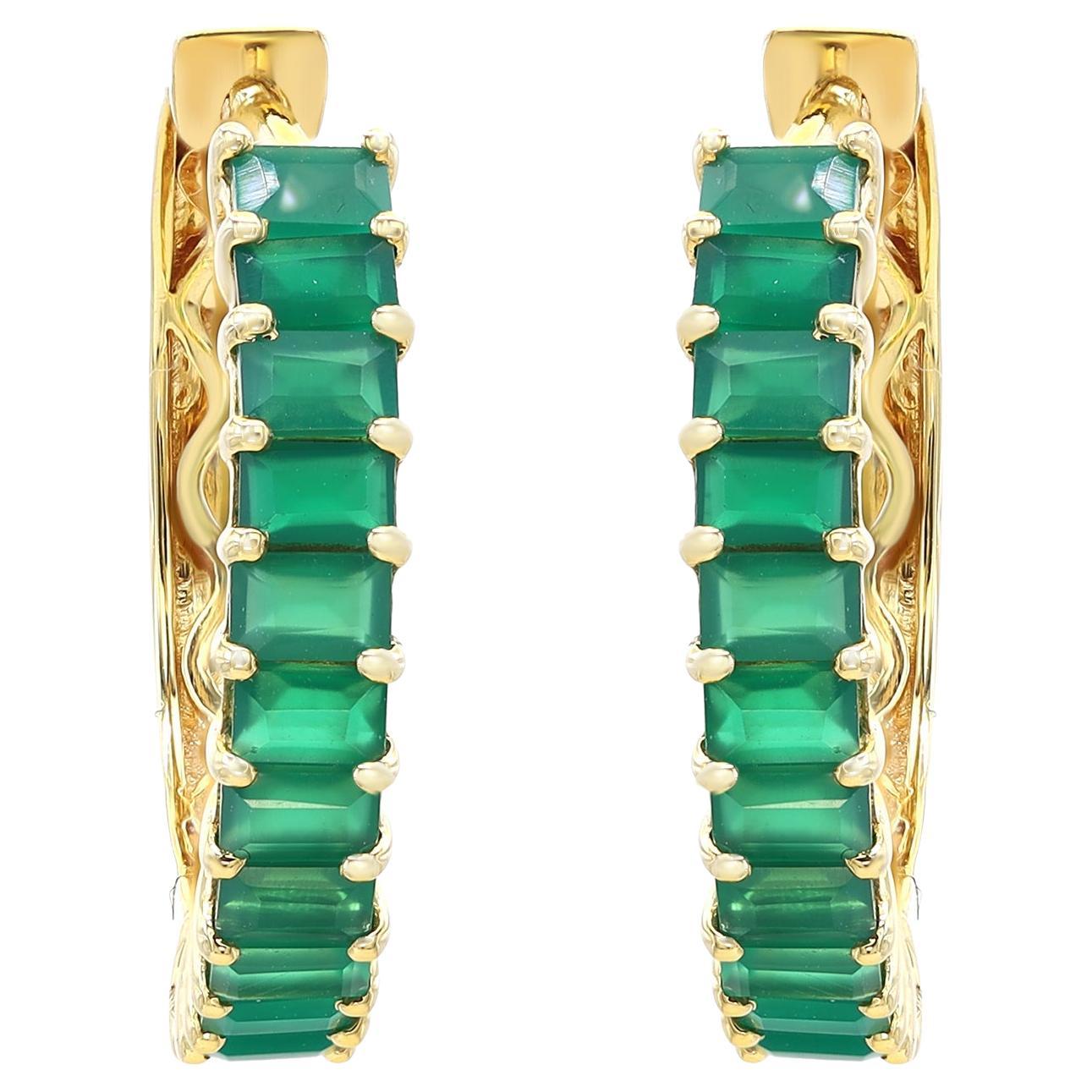 Rachel Koen Prong Set Green Emerald Hoop Earrings 18K Yellow Gold